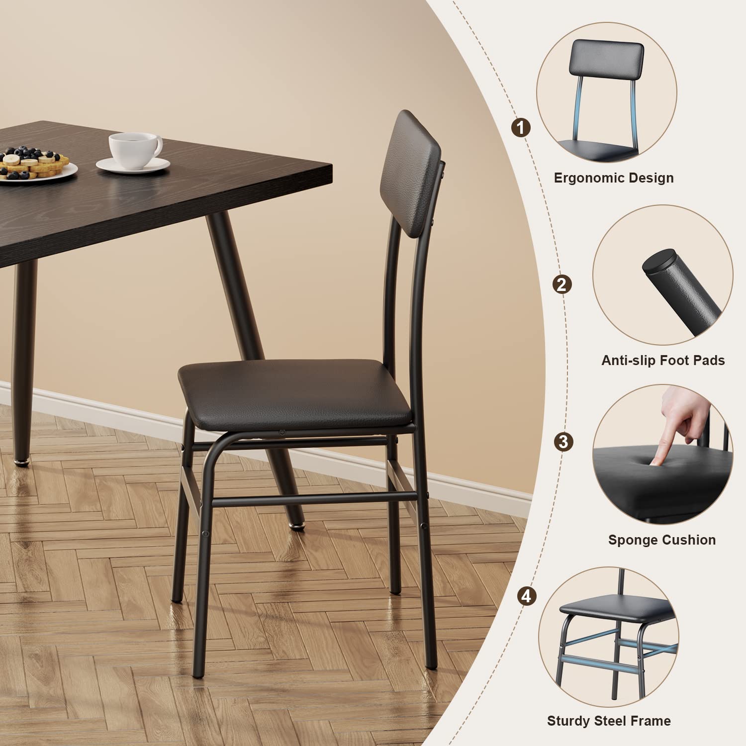 Gizoon 5-Piece Modern Dining Table Set for 4 - Metal & Wood Kitchen Table with 4 Chairs, Space-Saving Apartment Furniture for Small Spaces in Black | Perfect for Breakfast Nooks, Compact Kitchens & Cozy Dining Areas
