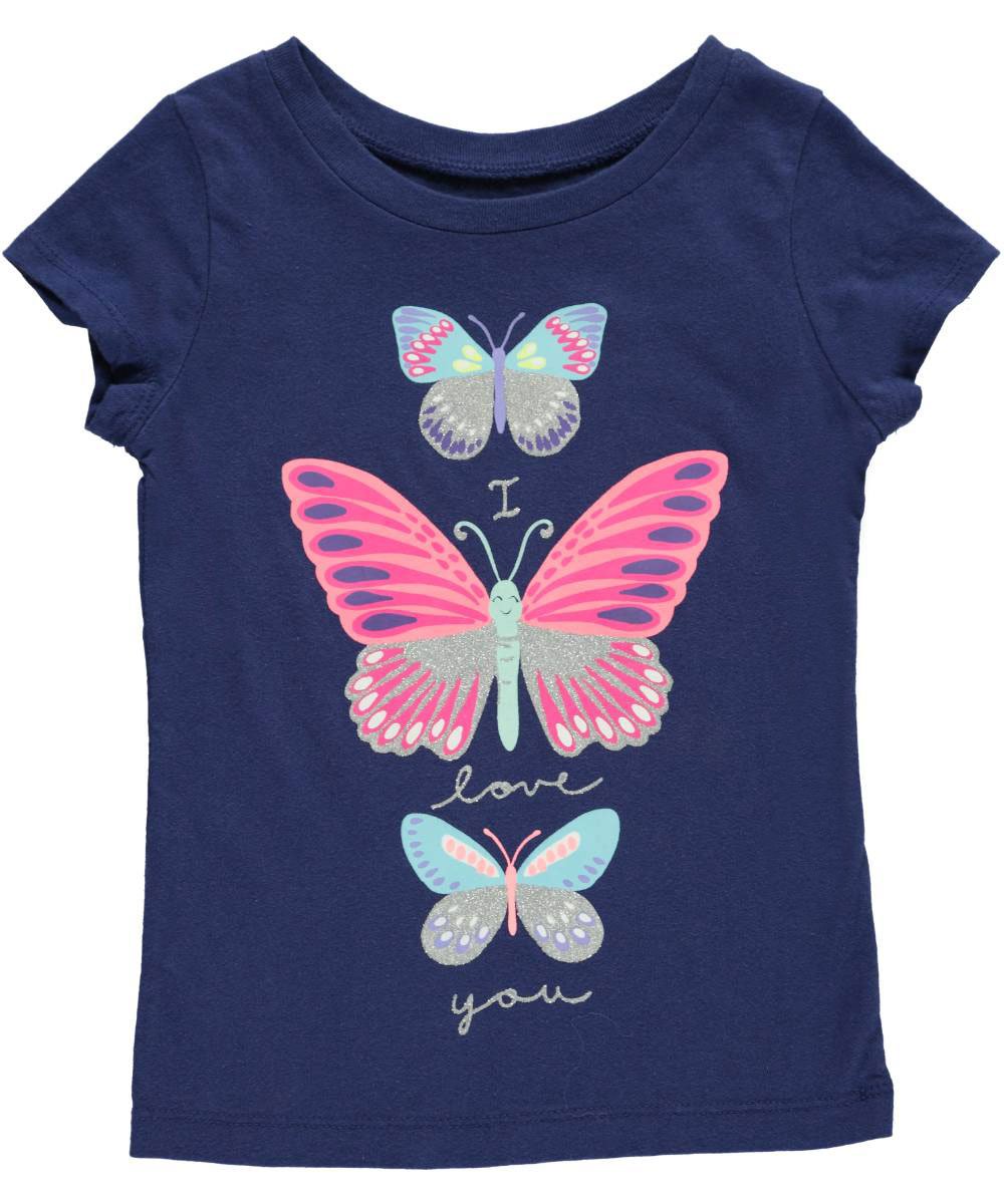 Cartoon Butterfly Print 'I Love You' Girls T-Shirt - Navy Blue Size 4 | Cute Casual Top for Toddler & Kids Daily Wear, Playdates & Family Photos