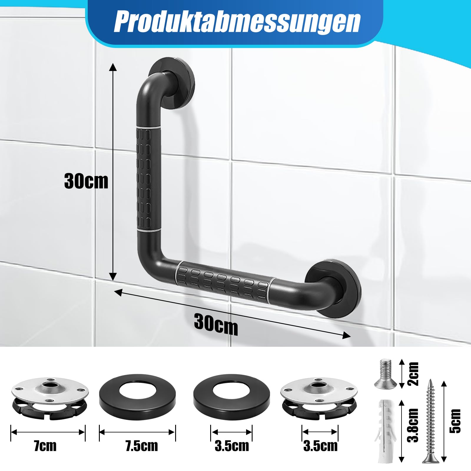 **30cm Black Shower Grab Bar for Seniors - Non-Slip Bathroom Safety Handle for Bathtub & Shower - Sturdy Support for Elderly & Disabled - Perfect for Bathroom, Toilet & Wet Areas**