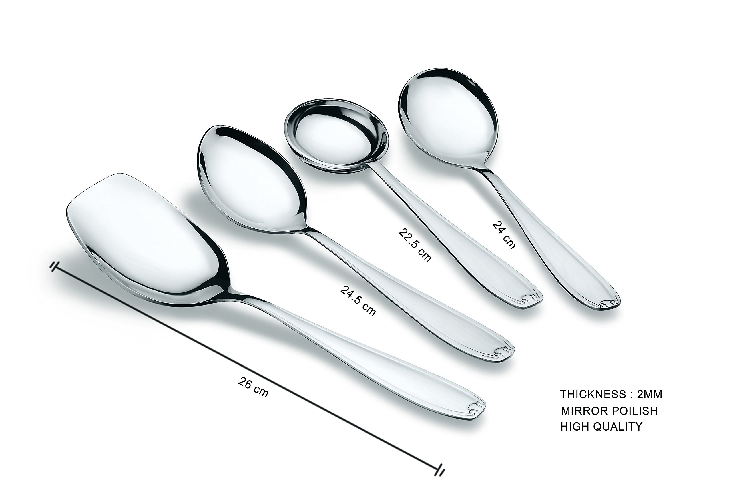 Premium Stainless Steel Serving Spoon Set - 4-Piece Heavy Duty 2mm Thick (Ladle, Square, Oval & Round Spoons) for Rice, Soup, Gravy - Elegant Dining & Buffet Serving Utensils