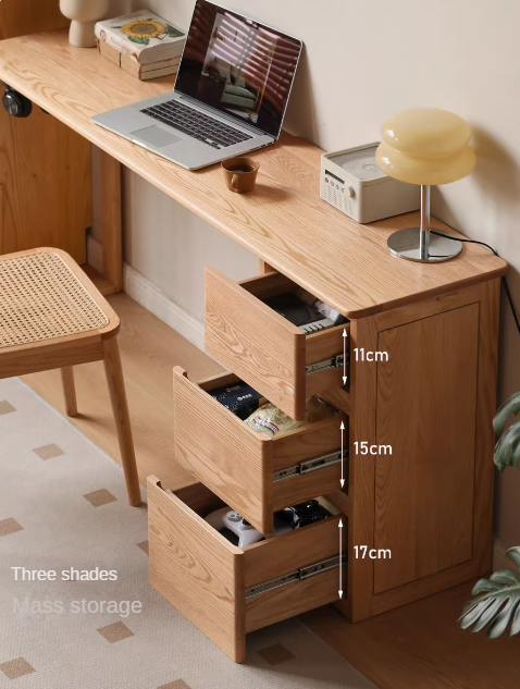 Solid Oak Wood Narrow Long Table with Storage Cabinet - Perfect for Small Spaces, Entryways & Home Offices