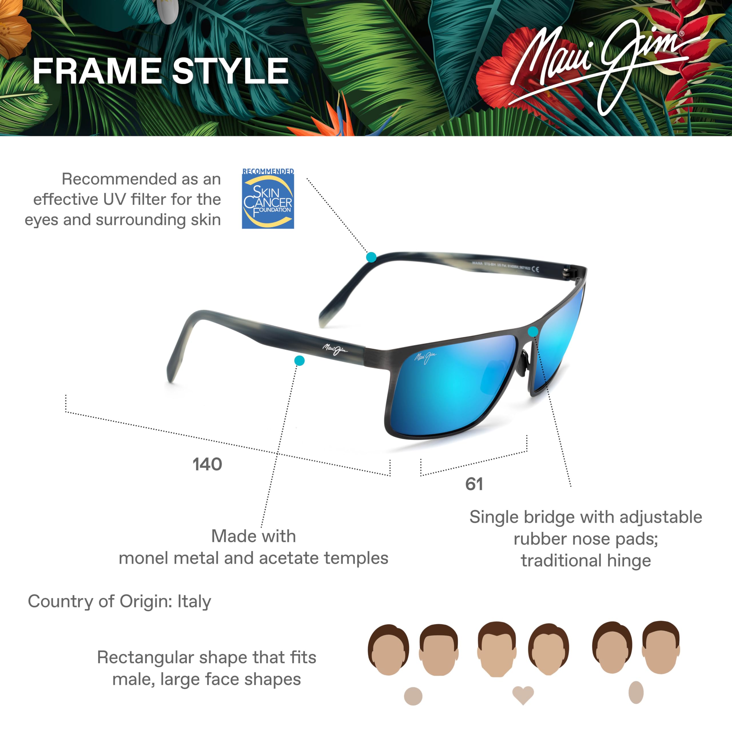 Maui Jim Men's Wana Polarized Rectangular Sunglasses - UV Protection, Anti-Glare for Driving, Fishing & Outdoor Activities