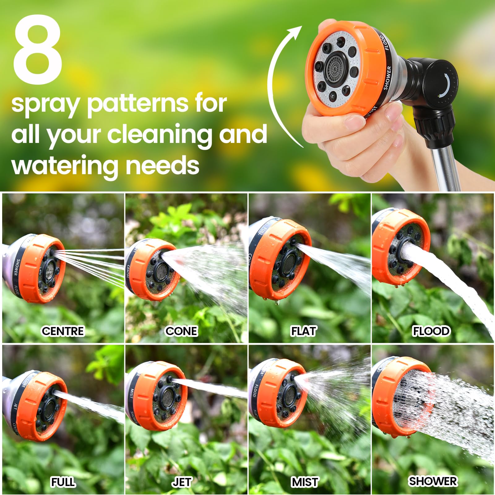 17.5 Inch Garden Hose Watering Wand with 8 Adjustable Spray Patterns & Thumb Flow Control - Pivoting Head Water Sprayer for Hanging Baskets, Shrubs, Flowers & Outdoor Plants | Perfect for Gardening, Lawn Care & Window Cleaning