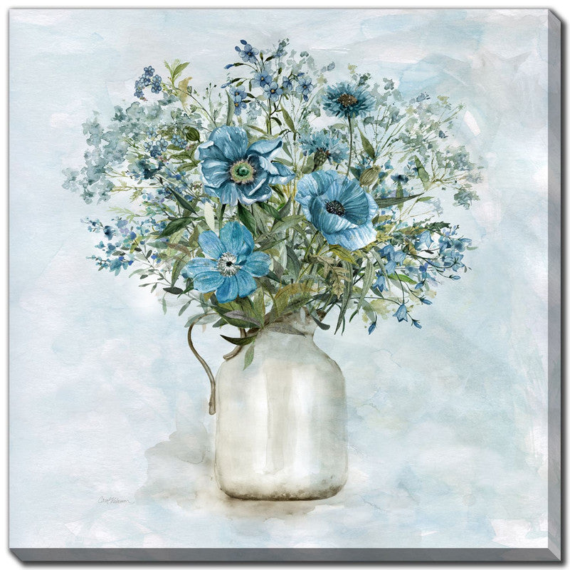 Blue Blooms Wall Art - 24x24 Inches Modern Canvas Painting in Blue, Green & White - Perfect for Living Room, Bedroom & Office Decor
