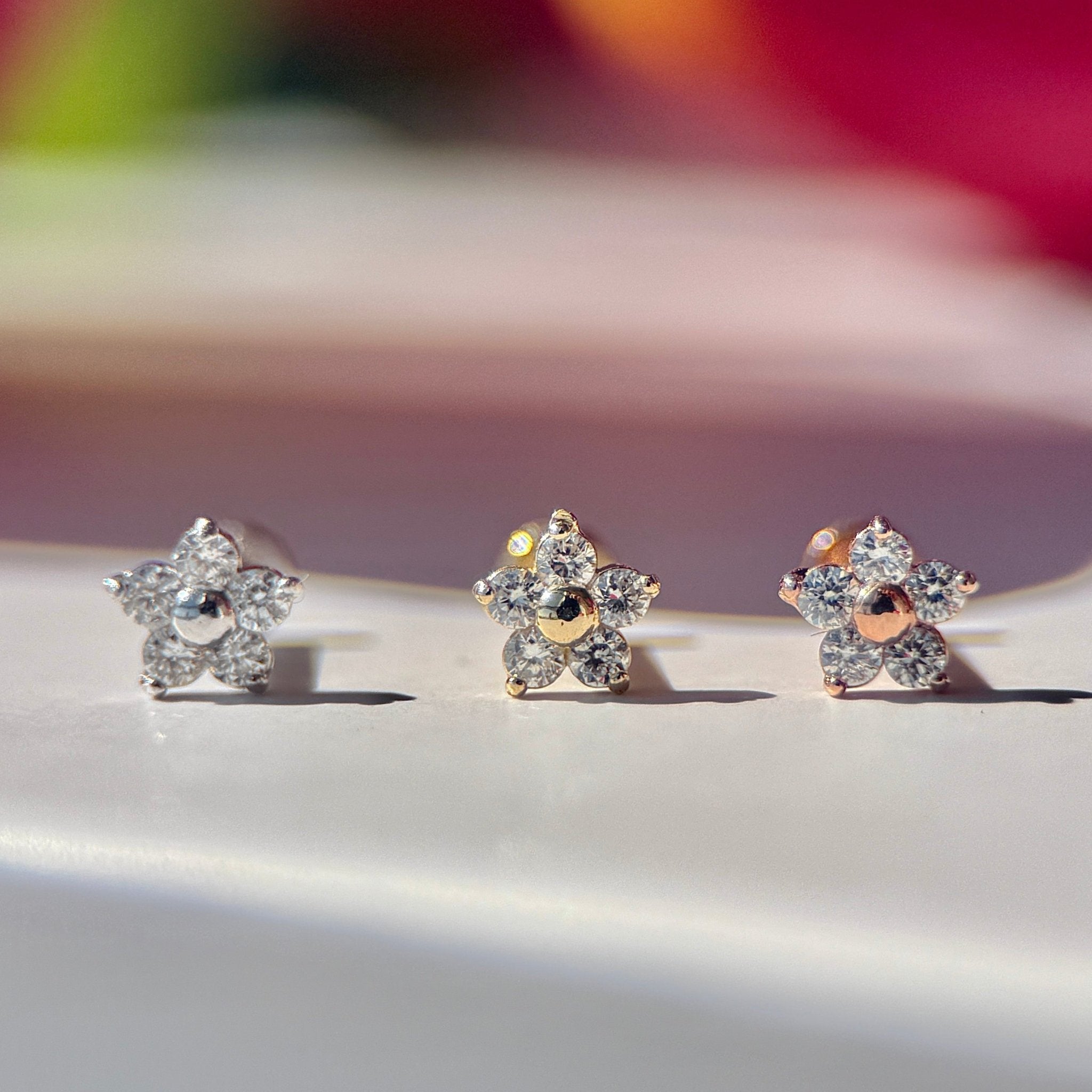 14k Rose Gold Five Diamond Flower Stud Earrings for Women - Elegant Floral Flat Back Earrings for Daily Wear & Special Occasions
