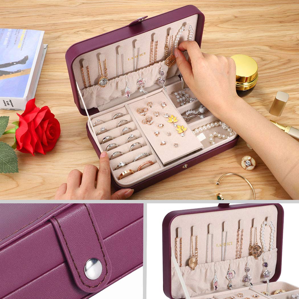 LANDICI Small Jewelry Box for Women - PU Leather Travel Jewelry Organizer with Storage Compartments for Rings, Earrings, Necklaces & Bracelets | Portable Jewelry Case | Perfect Gift Box for Her (Purple) | Ideal for Travel, Home Storage & Gift Giving