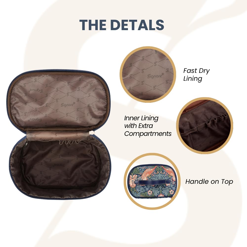 Signare William Morris Strawberry Thief Blue Tapestry Toiletry Bag - Waterproof Makeup Organizer for Women | Travel Cosmetic Case for Vacation, Gym & Daily Use