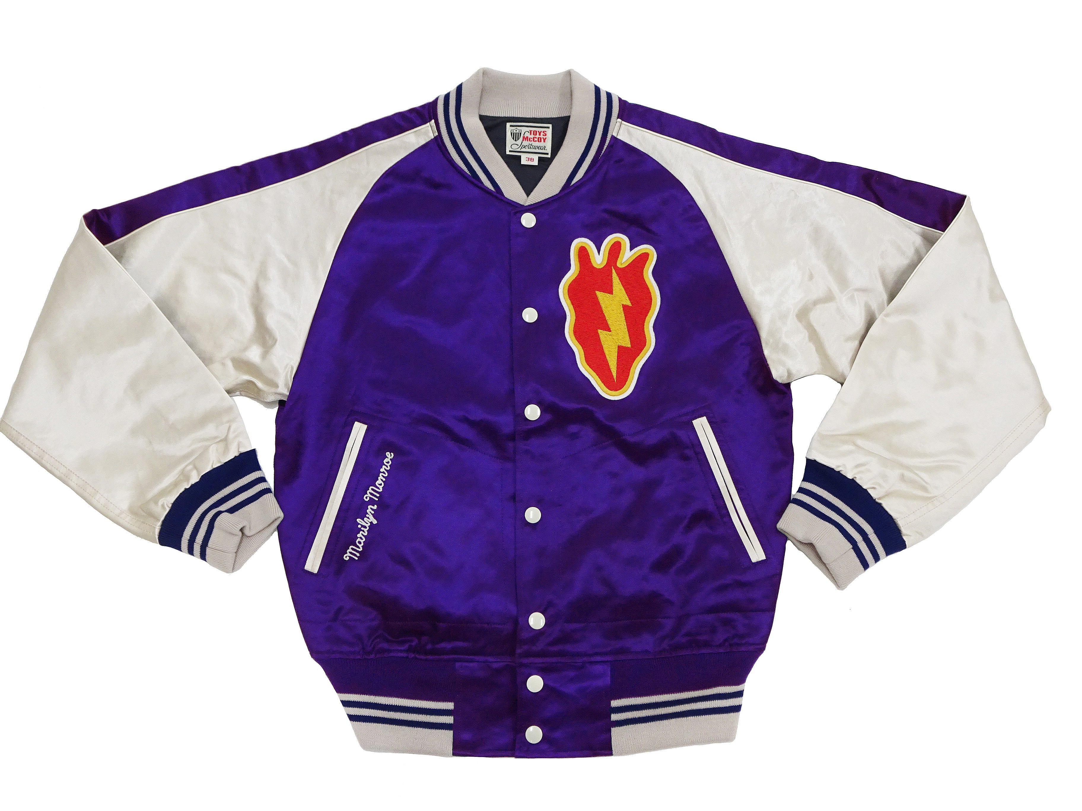 TOYS McCOY Men's Marilyn Monroe Lightweight Satin Varsity Jacket - TMJ2303 Blue/Off White Unfilled Baseball Jacket for Casual Wear & Retro Fashion