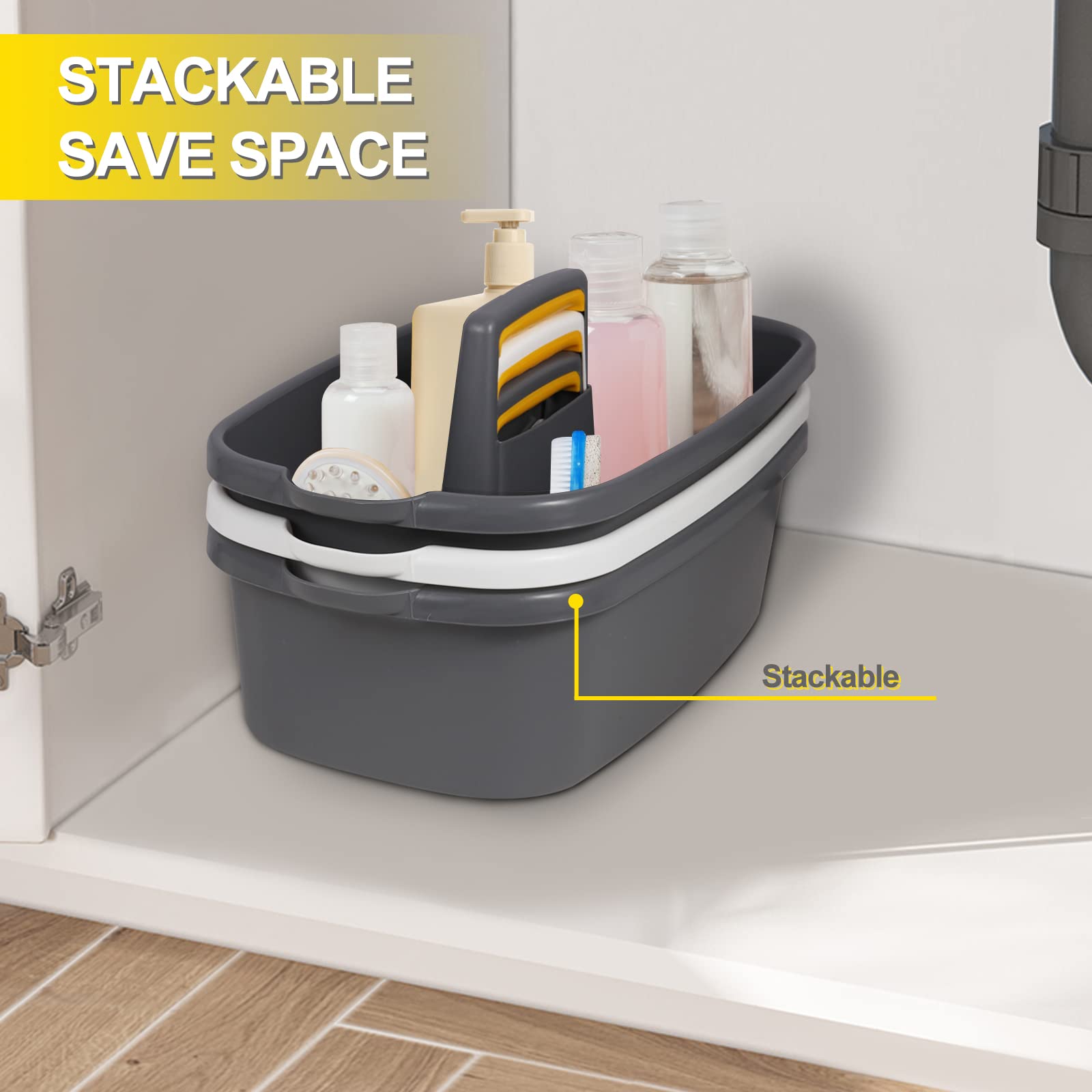 Plastic Cleaning Caddy Organizer with Handle - 2 Pack Storage Basket for Bathroom, Kitchen & Under Sink - Includes 2 Microfiber Cleaning Cloths (Gray) - Perfect for Home Cleaning Supplies Organization