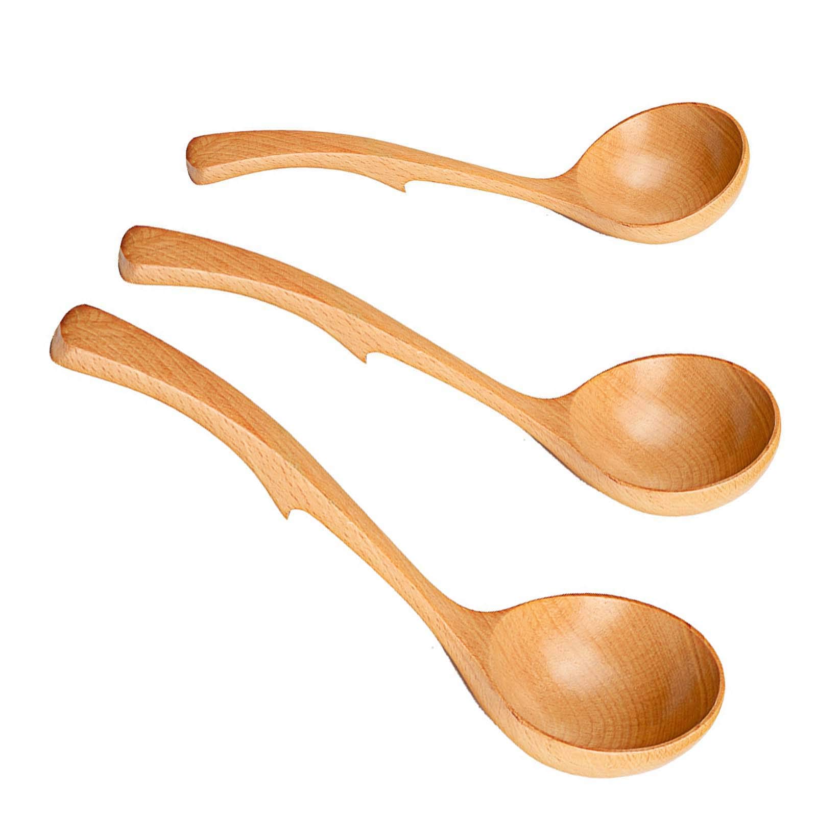 Premium Set of 3 Natural Beech Wood Kitchen Utensils - Wooden Spoons, Soup Ladle & Mixing Spoon for Cooking, Serving & Baking | Eco-Friendly Kitchen Tools for Home Chefs & Food Enthusiasts | Perfect for Soups, Sauces, Salads & Meal Prep