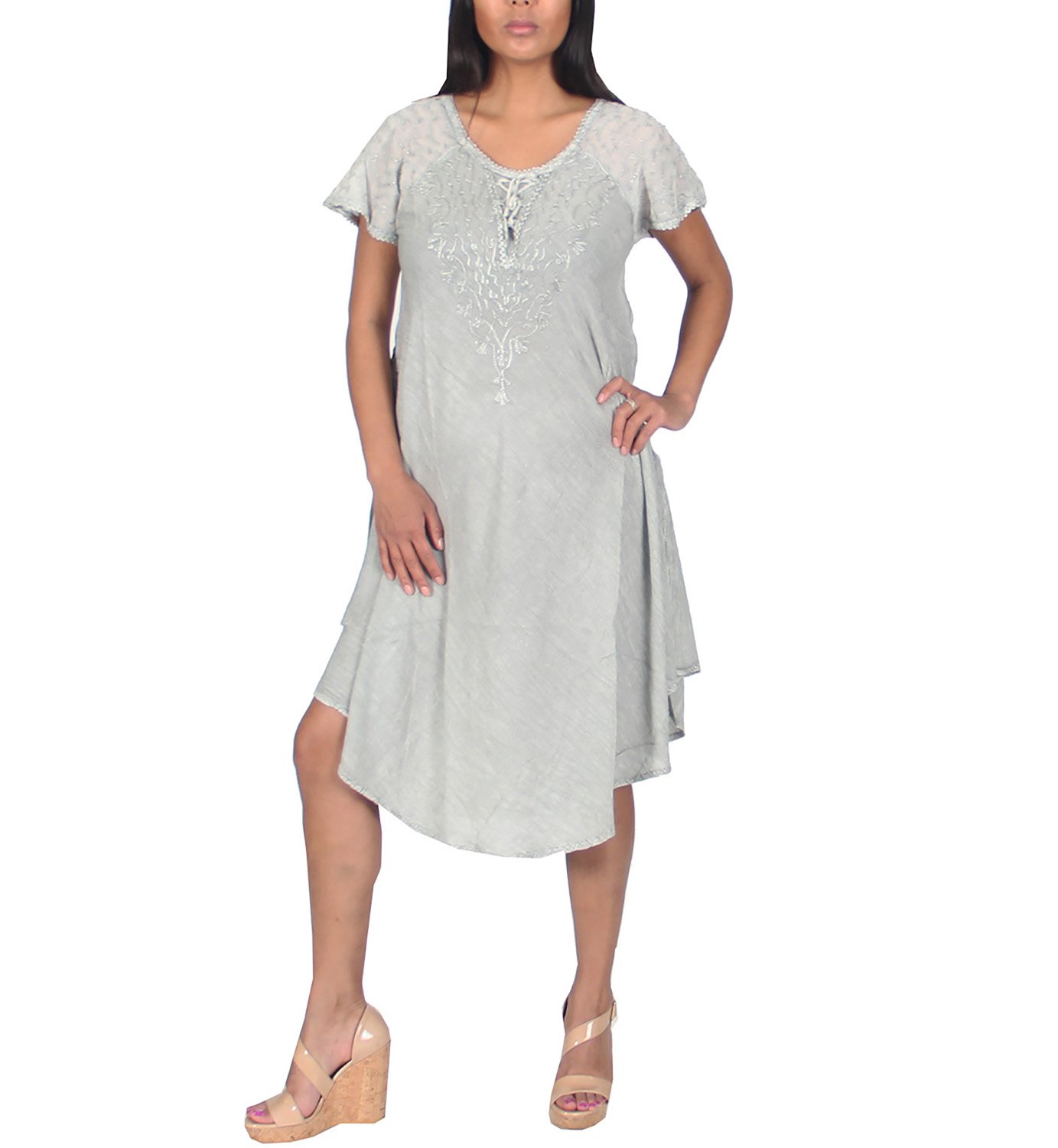Women's Short Sleeve Embroidered Lace-Up Stone Wash Dress - Perfect for Summer Outfits, Beach Vacations & Casual Date Nights