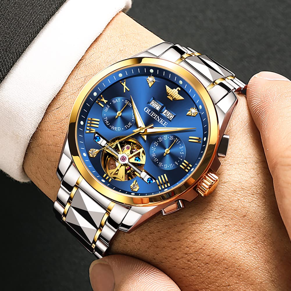 OLEVS Automatic Skeleton Men's Luxury Watch - Mechanical Self-Winding Sapphire Crystal Tungsten Steel Wristwatch - 50M Waterproof & Luminous - No Battery Needed - Perfect for Business, Formal Events & Everyday Wear