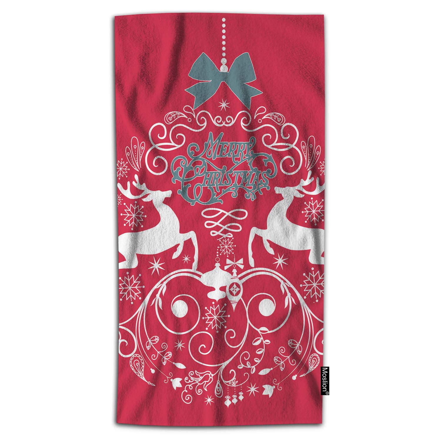 Soft Microfiber Reindeer Christmas Bath Towel 32x64 Inch - Holiday Red Floral Design with Ribbon for Women & Men - Perfect for Bathroom, Spa, Beach, and Winter Gift Giving