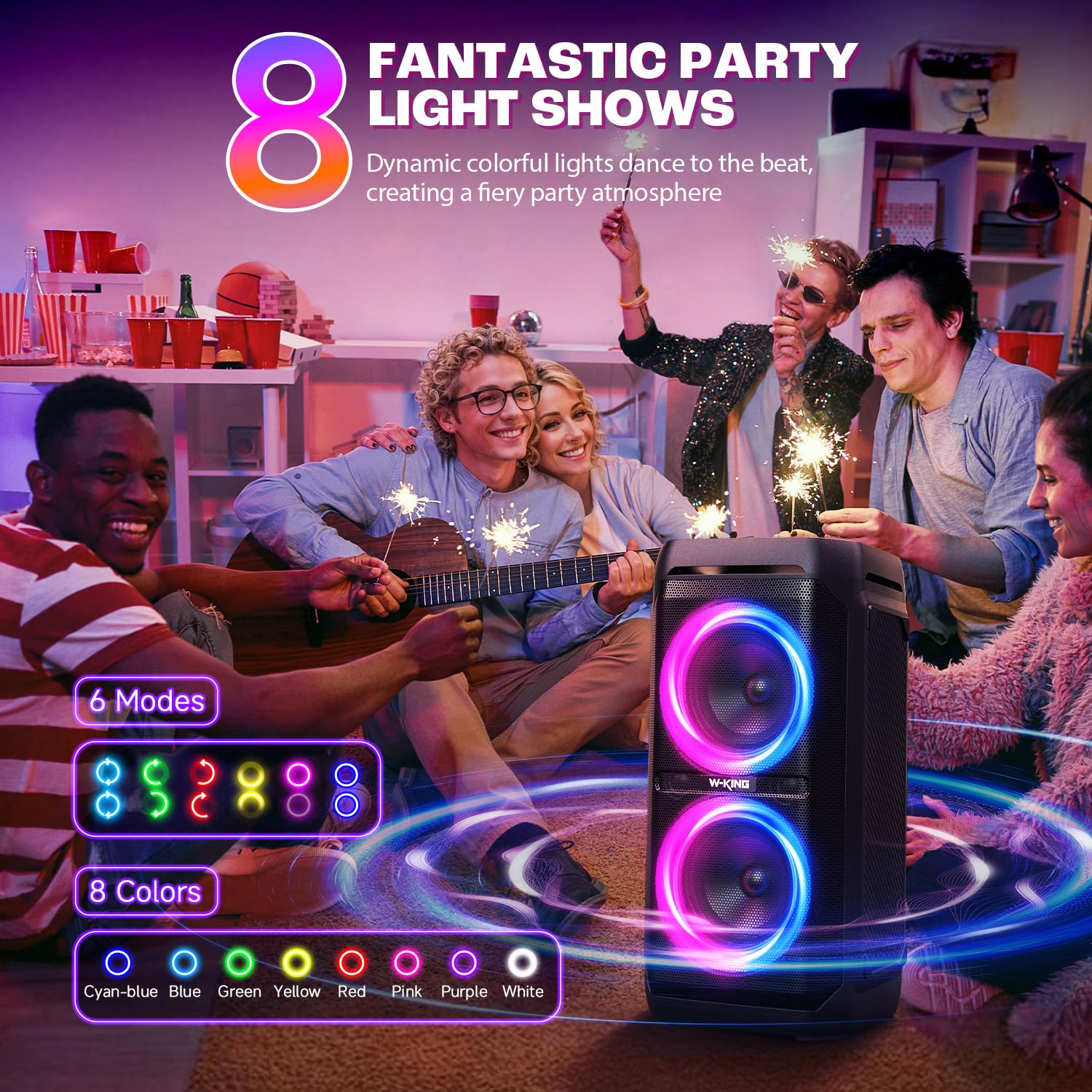 W-KING 220W Peak Bluetooth Speaker - 115dB Loud Sound, Deep Bass, IPX6 Waterproof, BT5.3, 24H Battery, EQ, Echo, DSP, RGB Lights - Portable Party Boombox for Outdoor, Beach, Camping, and Home Use