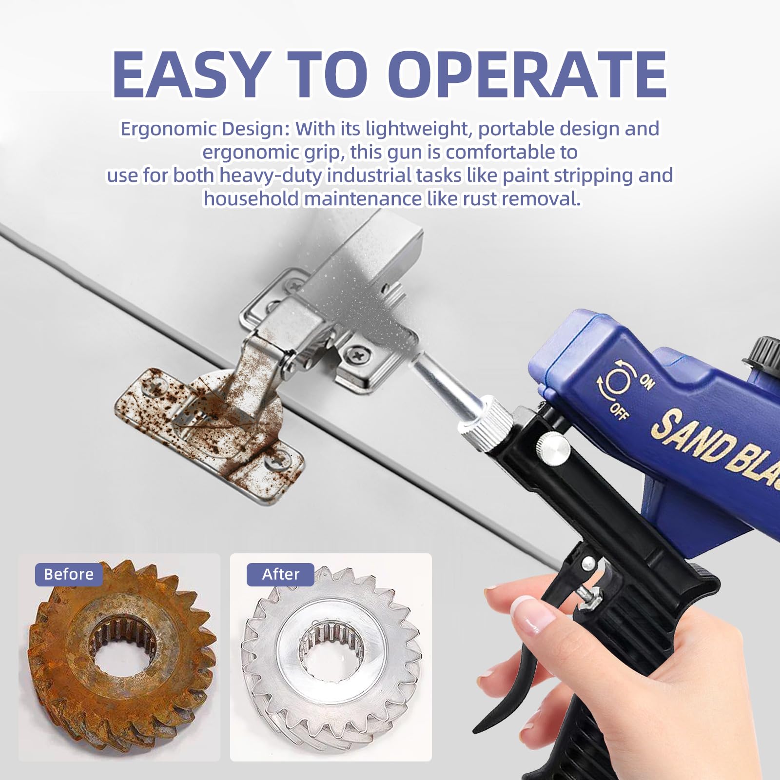 JASEVEN Portable Anti-Slip Handheld Sand Blaster Gun - 1/4 Inch Air Compressor Sandblasting Tool with Thickened Galvanized Nozzle for Rust, Paint & Dirt Removal (Blue) - Ideal for Auto Repair, Metal Cleaning & Surface Preparation