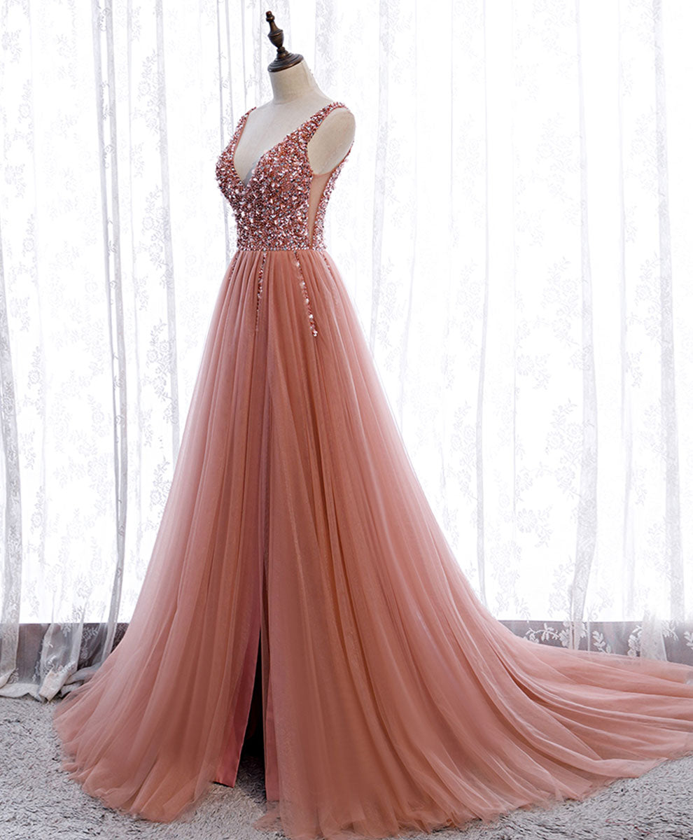 Elegant Pink V-Neck Tulle Sequin Long Prom Dress - A-Line Formal Gown with Beading for Homecoming, Ball, and Evening Parties | Perfect for Prom, Wedding, and Special Occasions