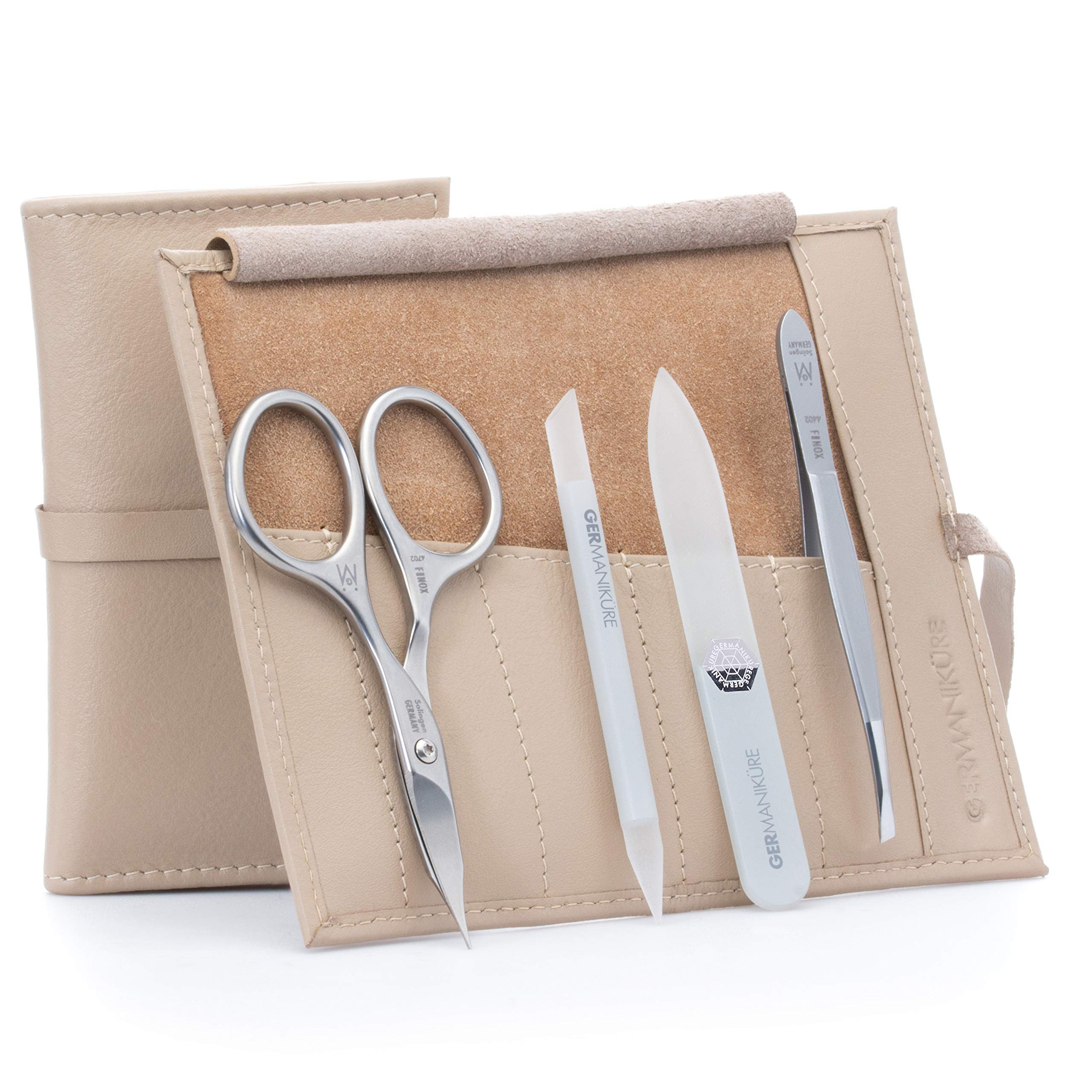 GERMANIKURE 4-Piece Professional Mini Manicure Set in Beige Leather Case - Premium Stainless Steel Nail Tools Made in Solingen Germany & Czech Glass Nail Care Accessories | Perfect for Home Spa, Travel & Professional Salon Use