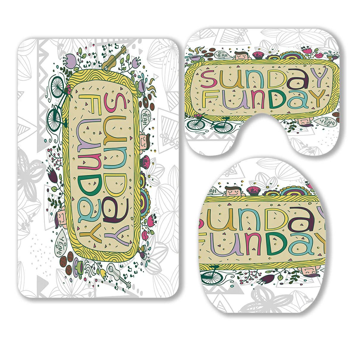 ABPHQTO Sunday Fun Day Doodle Geometric Shapes 3-Piece Bathroom Rug Set - Non-Slip Bath Mat, Contour Mat & Toilet Lid Cover - Soft & Absorbent for Bathroom, Powder Room & Kids' Bath Decor