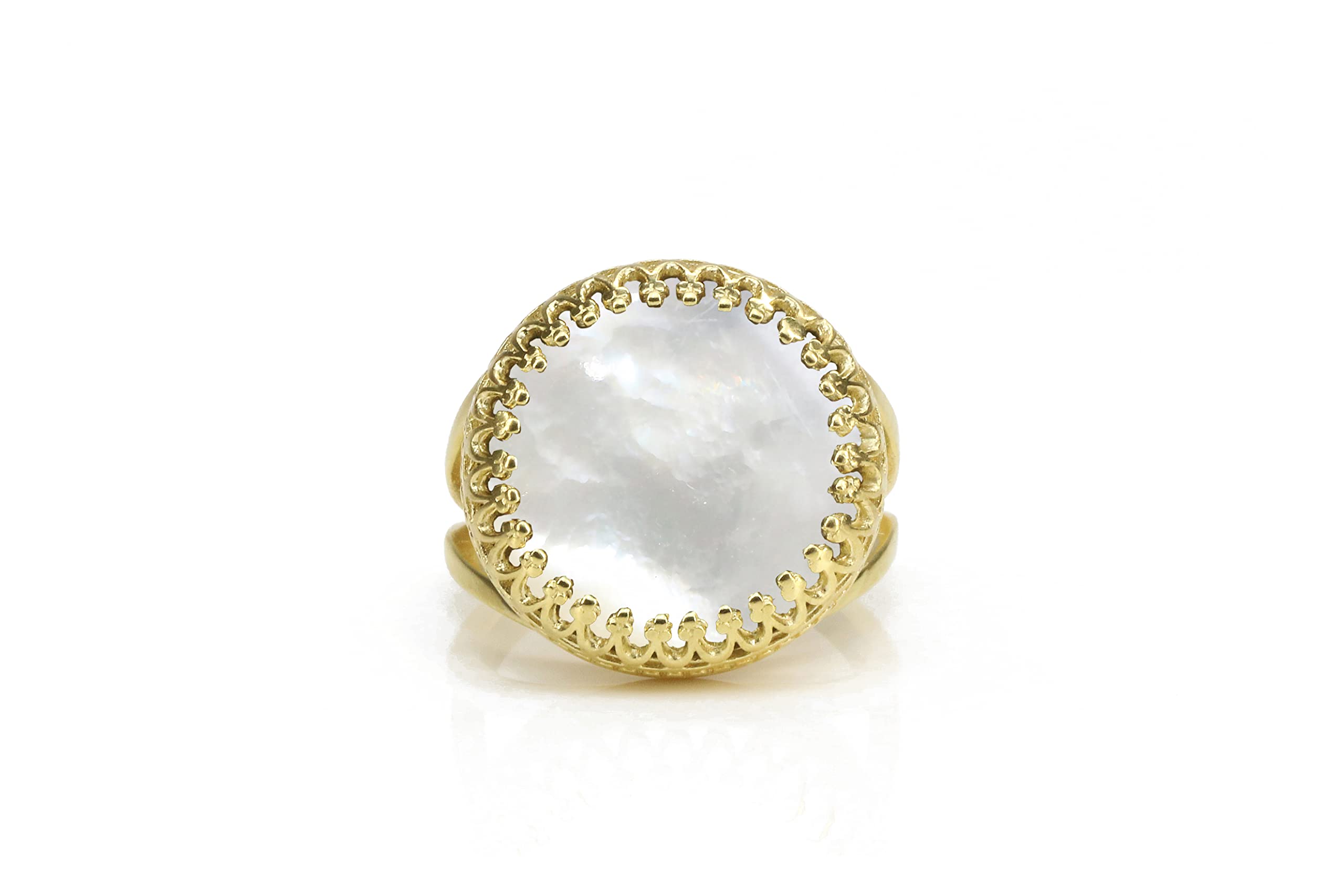 14K Gold Filled Mother of Pearl Ring for Women - Round Anemone Jewelry with Pearl Accents - Perfect Birthstone Gift, Engagement Ring & 30th Anniversary Present (Includes Jewelry Box) | Elegant Everyday Wear, Special Occasions & Romantic Gifts