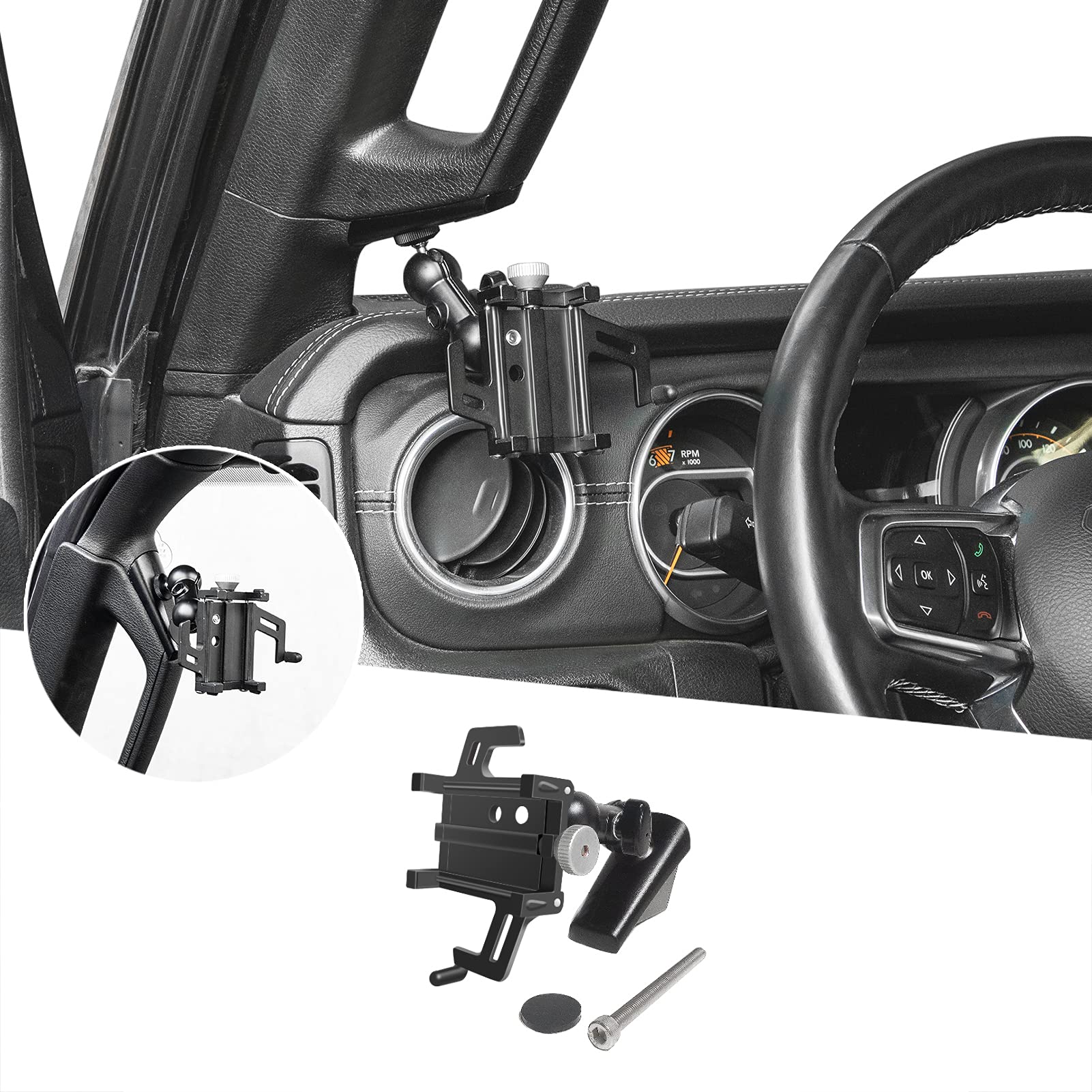 Hoolcar Adjustable Anti-Shake Phone Mount - Universal Grab Handle Cell Phone Holder for 2018-2021 Jeep Wrangler JL JLU & Gladiator JT - Perfect for Off-Road Adventures & Daily Commutes