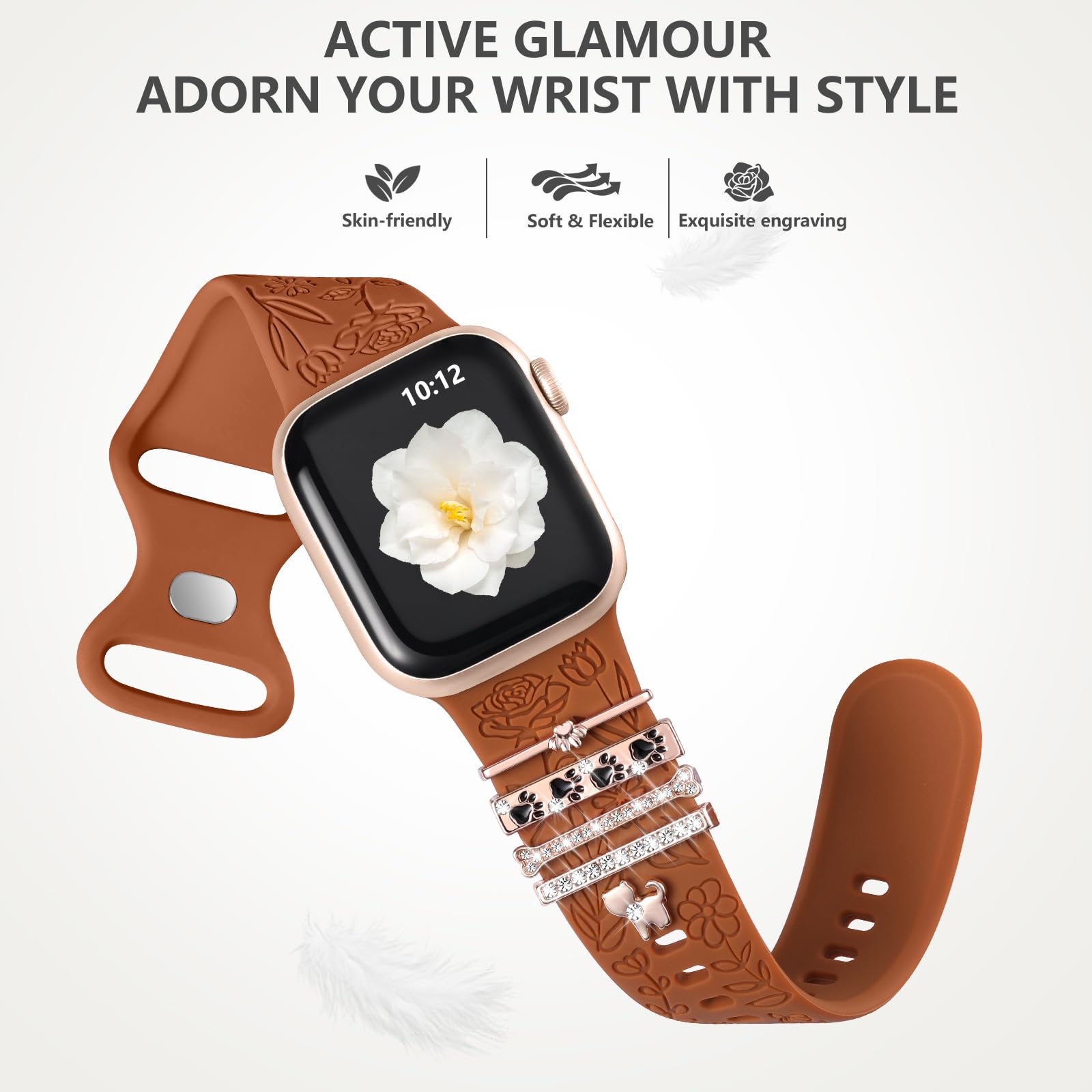 DaQin Floral Engraved Silicone Band Compatible with Apple Watch 38mm 40mm 41mm 42mm 44mm 45mm - Women's Decorative Strap for Series SE/1/2/3/4/5/6/7/8/9 - Perfect for Workouts, Office Wear & Fashion Accessories
