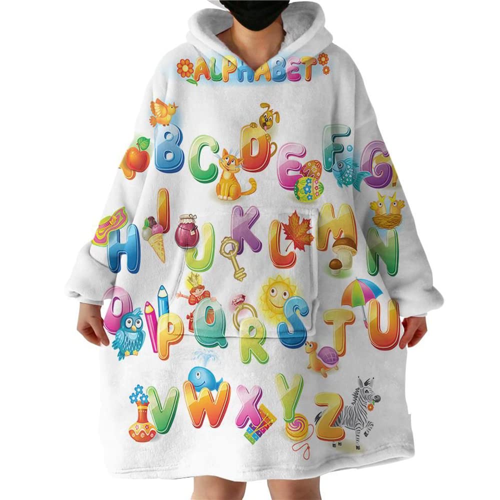 Super Soft Oversized Fleece Blanket Hoodie with Hood Pocket & Sleeves - Kid Alphabet White Wearable Blanket for Adults (One Size 4XL) - Perfect for Lounging, Movie Nights & Cold Weather Comfort