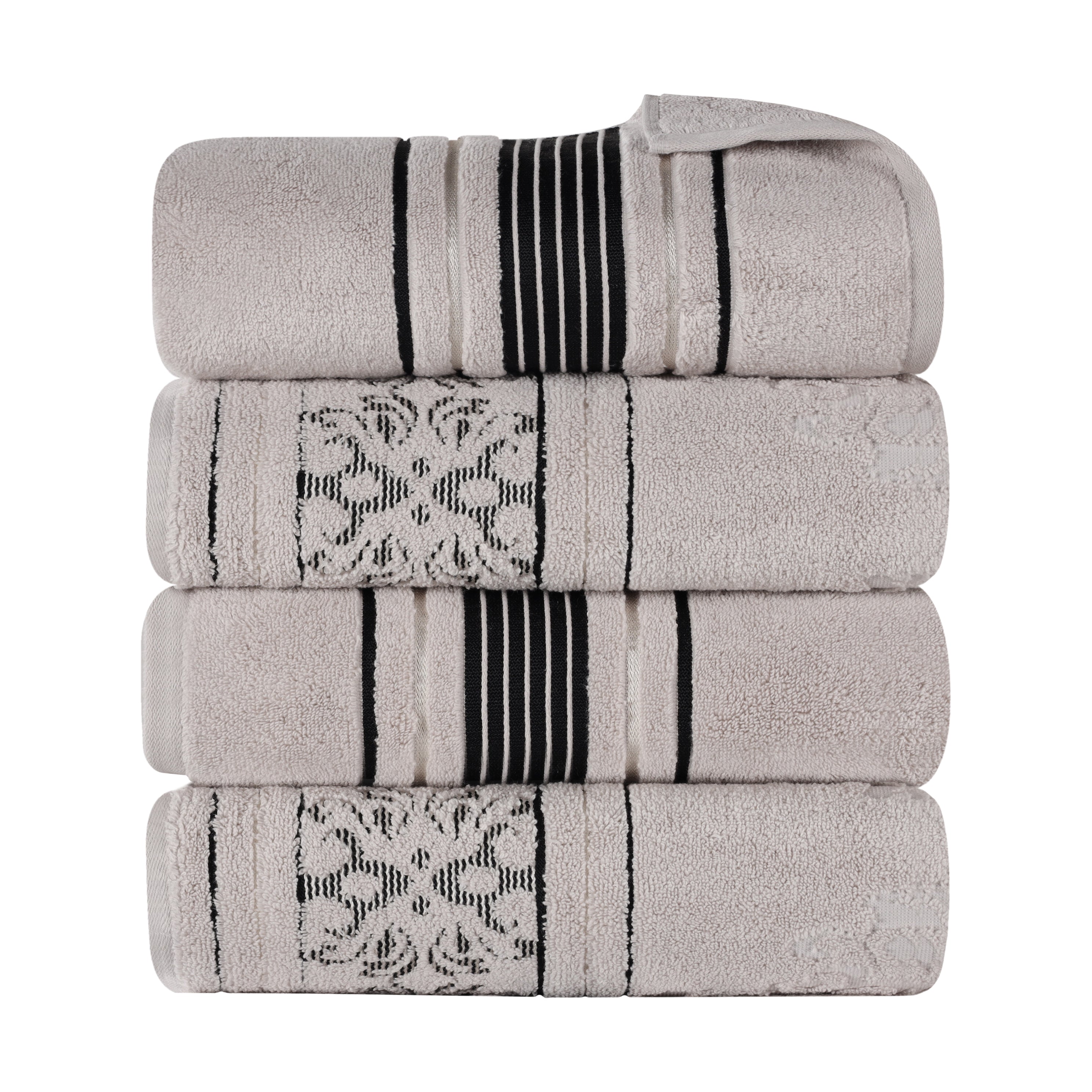 Premium 100% Zero Twist Cotton Bath Towel Set of 4 - Ultra Soft & Absorbent Solid & Jacquard Floral Design - Perfect for Spa, Bathroom, Beach & Guest Use