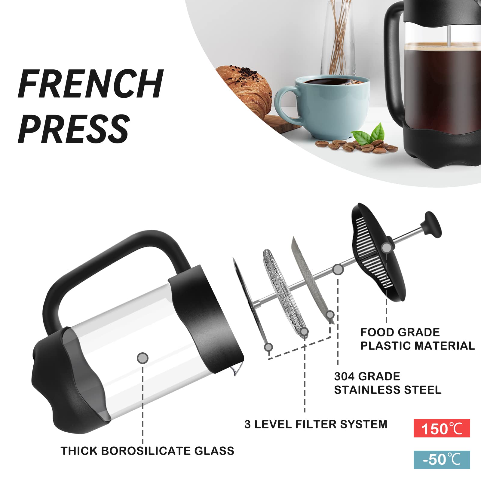 LEEGOHI 1000ml French Press Coffee Maker, 4-Stage Filtration System, 304 Stainless Steel, Perfect for Brewing Coffee & Loose Leaf Tea – Ideal for Home, Office, and Camping Use