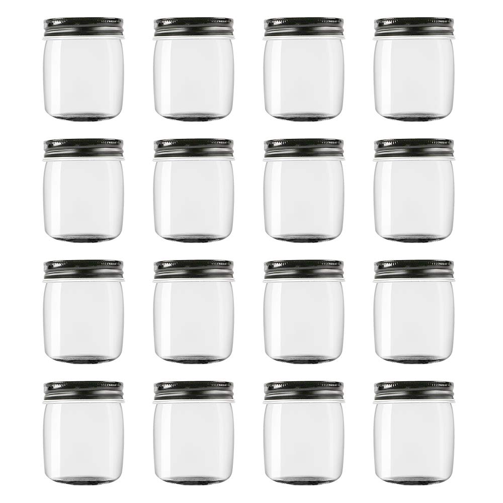 Novelinks 8oz Clear Plastic Jars with Black Lids - 16 Pack BPA-Free Refillable Round Containers for Kitchen Pantry Organization, Bathroom Storage, Craft Supplies & DIY Projects
