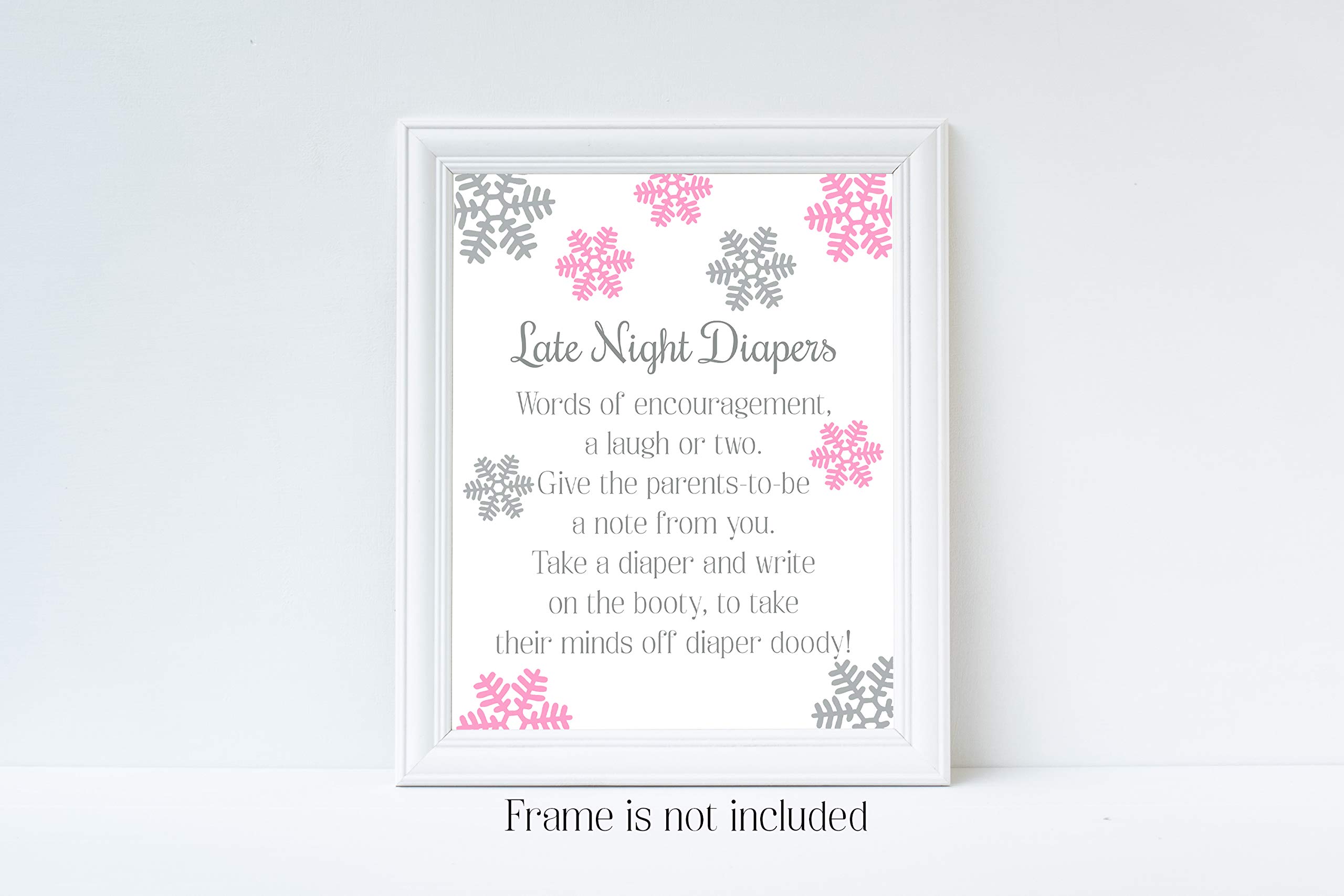 Snowflake Baby Shower Diaper Game Sign - 8x10 Glossy Late Night Diaper Sign for Winter Baby Showers - Perfect Baby Shower Game Decoration (Frame Not Included) - Ideal for Winter Themed Baby Showers & Gender Reveal Parties