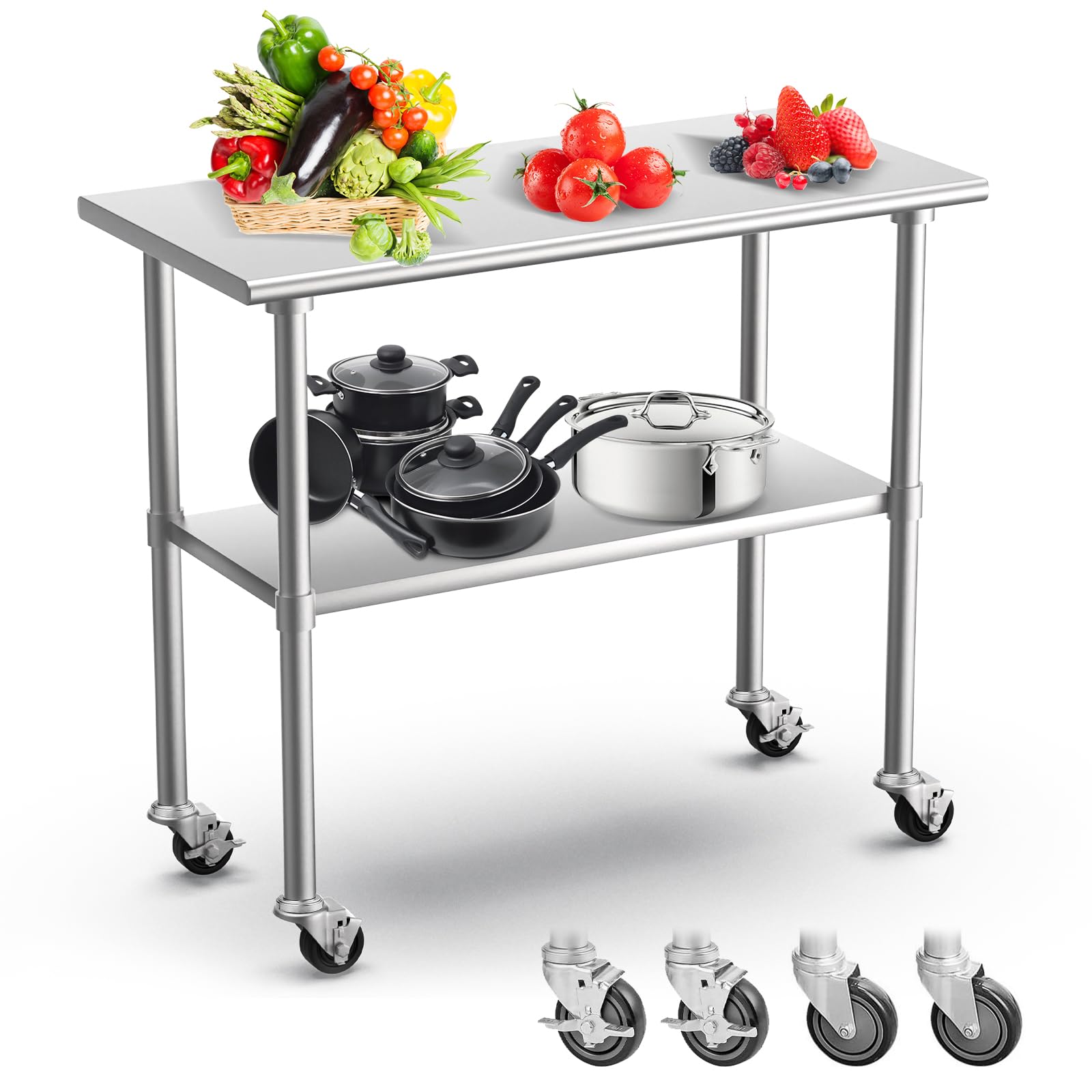 Commercial Stainless Steel Prep Table 24x48 Inches with Wheels & Adjustable Undershelf - NSF Certified Kitchen Workstation for Restaurant, Garage, Home Use - Heavy Duty Metal Work Table for Food Prep, Baking, and DIY Projects