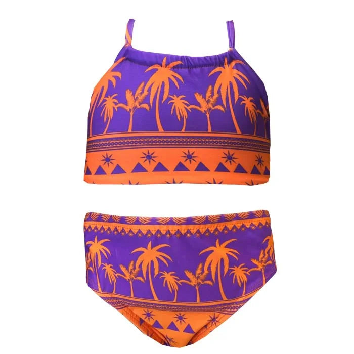 Orange & Purple Coconut Print Girls Two Piece Swimwear Set - Tropical Bikini for Beach, Pool & Summer Vacation