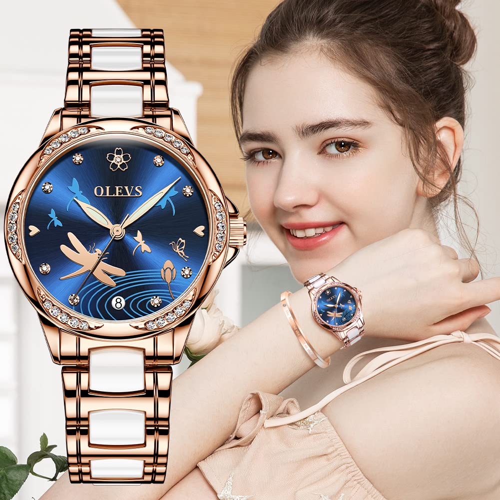 OLEVS Women's Automatic Mechanical Watch with Diamond Heart Dial, Rose Gold Ceramic Band, Waterproof & Luminous Date Display - Perfect for Daily Wear, Office, Dating & Special Occasions