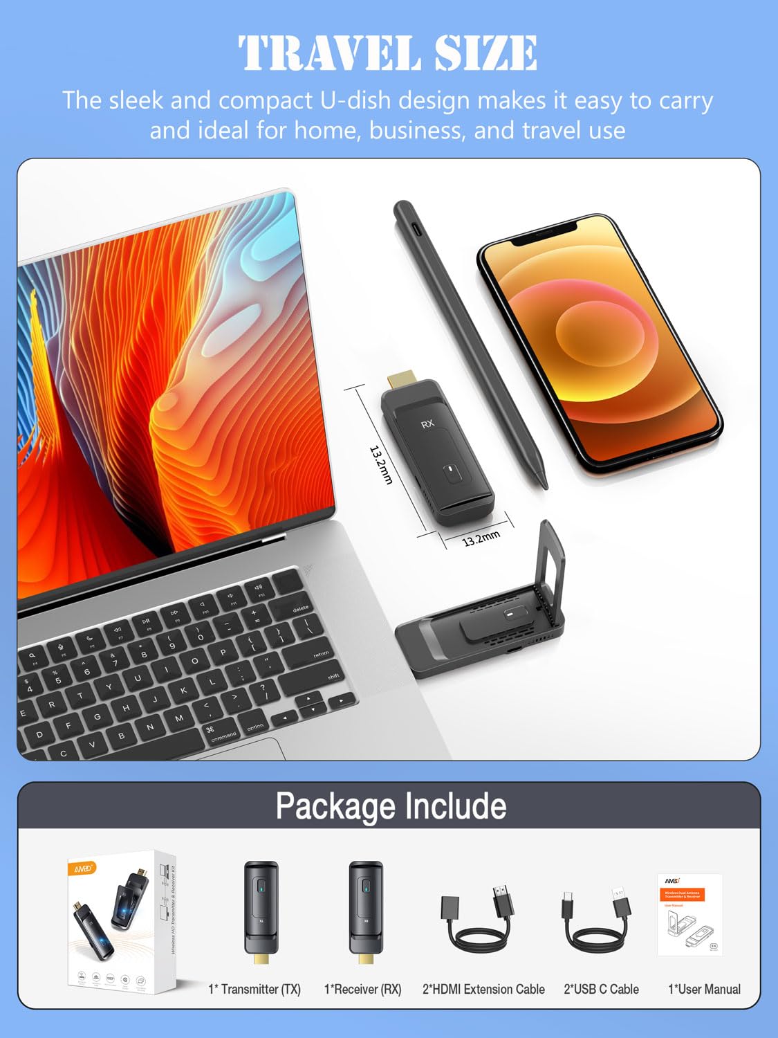 AIMIBO Wireless HDMI Transmitter and Receiver - 1080P@60Hz 5G Video & Audio Extender with Foldable Antenna | Channel Adjustable for Laptop, Camera, TV Box to Monitor, Projector, TV (165FT/50M Range) | Perfect for Home Theater, Gaming, and Office Presentations