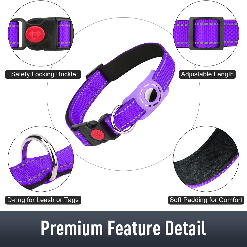 AirTag Dog Collar with Secure Holder - Reflective Nylon Pet Collar with Soft Padding & Safety Buckle - Adjustable for Medium Dogs & All Breeds (Purple) - Perfect for Night Walks, Pet Safety & GPS Tracking