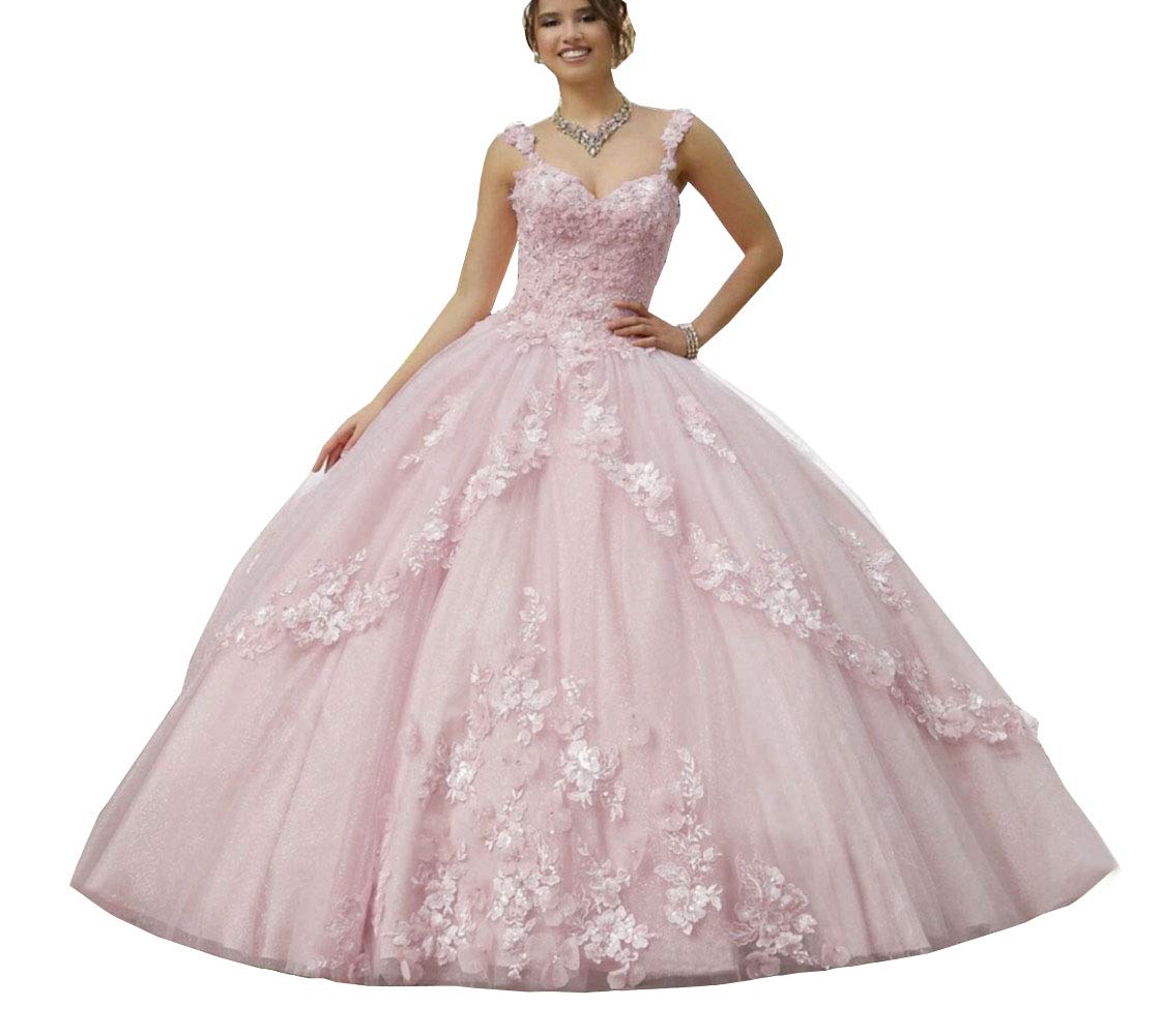 Emanni Women's Sweetheart Lace Appliques Sweet 16 Prom Dress - Princess Party Gown in Nude Pink for Homecoming, Quinceañera & Formal Events