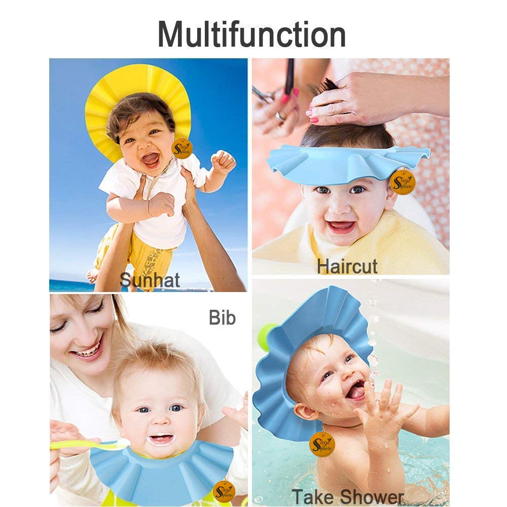 Sage Square Adjustable Baby Shower Cap with Ear Protector - Soft & Safe Bathing Hat for Infants & Toddlers (Blue, Pink, Yellow, 3-Pack) - Perfect for Sensitive Ears During Hair Wash & Bath Time