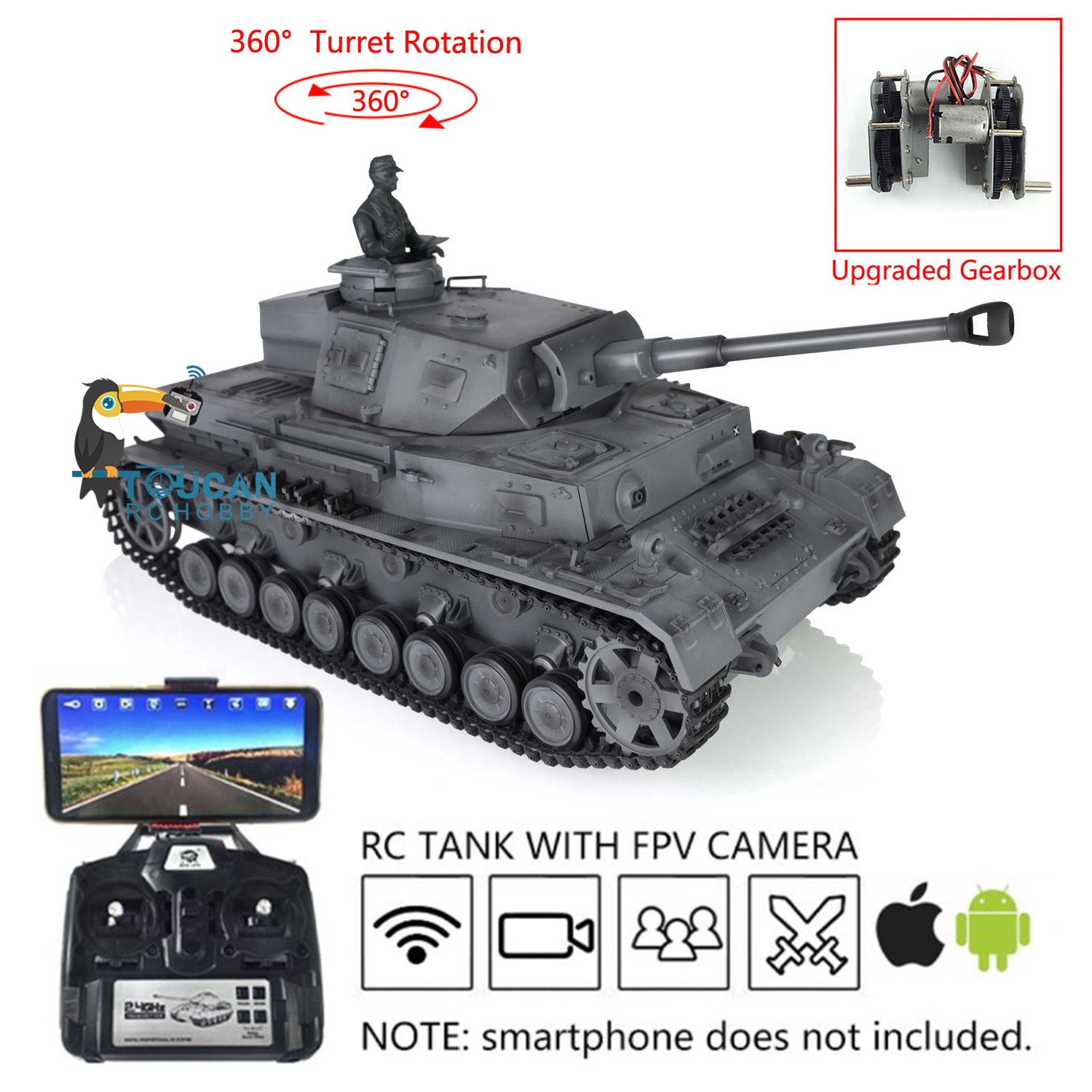 Henglong 1/16 Scale 7.0 Channel Radio Control Tank 3859 - German Panzer IV F2 RC Model with Steel Gearbox, 360° Rotating Turret & FPV Engine Sound - Perfect for Military Enthusiasts and RC Hobbyists