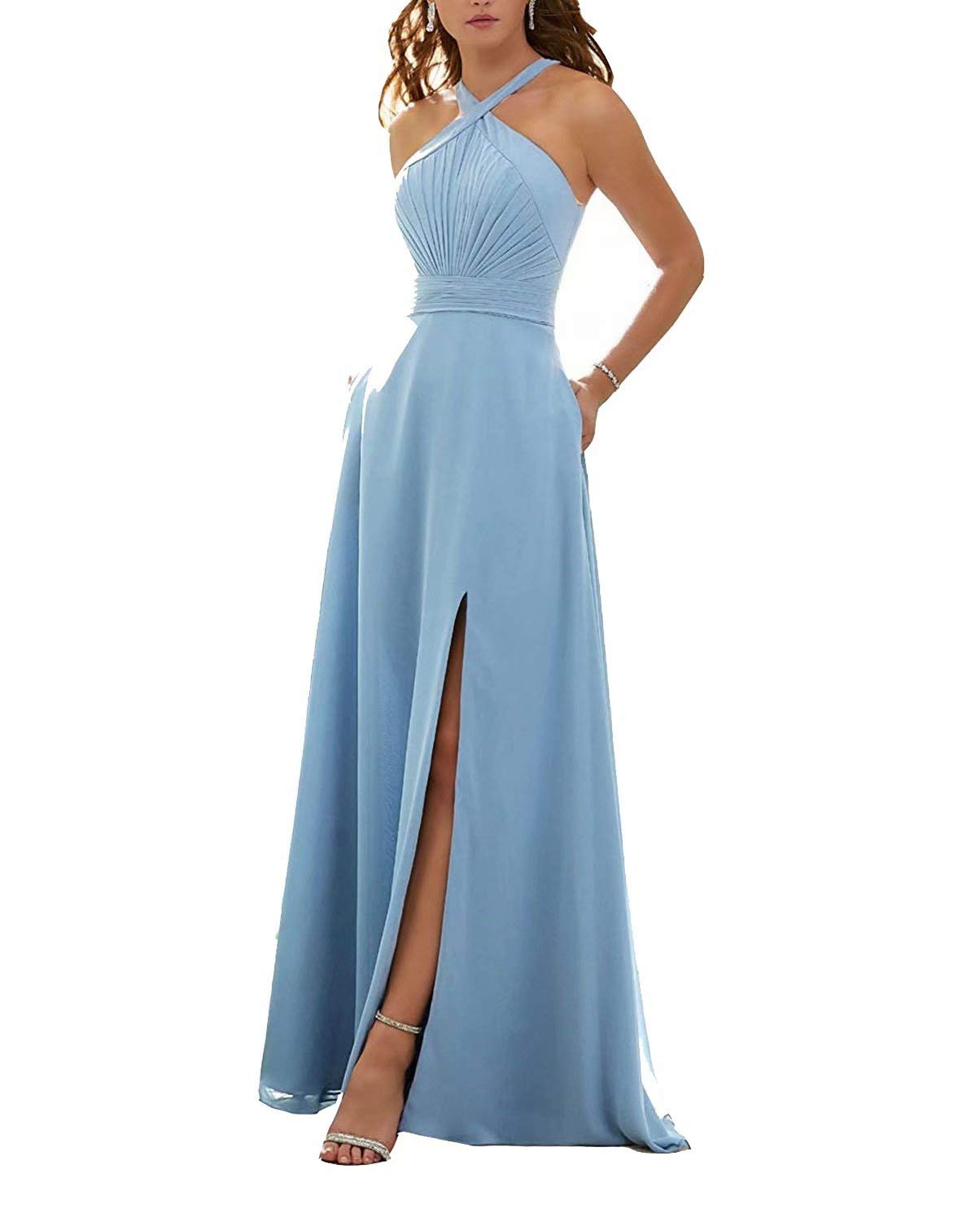 Elegant Women's Halter Long Bridesmaid Dress with High Slit - Formal Wedding Evening Party Gown for Prom, Homecoming & Special Occasions