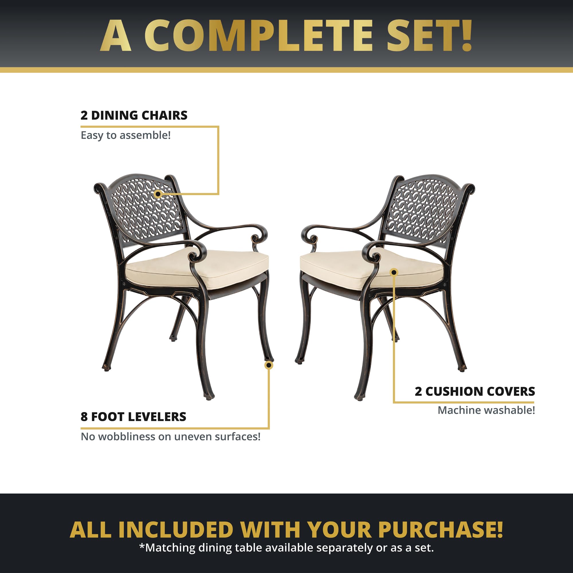 Premium 2-Piece Cast Aluminum Outdoor Patio Chairs Set with Cushions - Weather-Resistant Patio Seating for Garden, Poolside & Backyard Relaxation