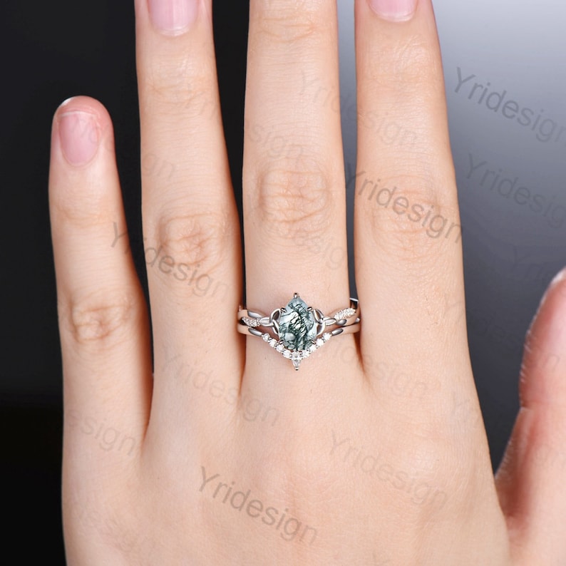 Viking Style 6x9mm Pear Shaped Moss Agate Engagement Ring Set with 3/4 Eternity Twisted Infinity Moissanite & Diamond Wedding Band for Women - Perfect for Norse-Themed Weddings, Viking Lover Gifts & Unique Proposal Jewelry