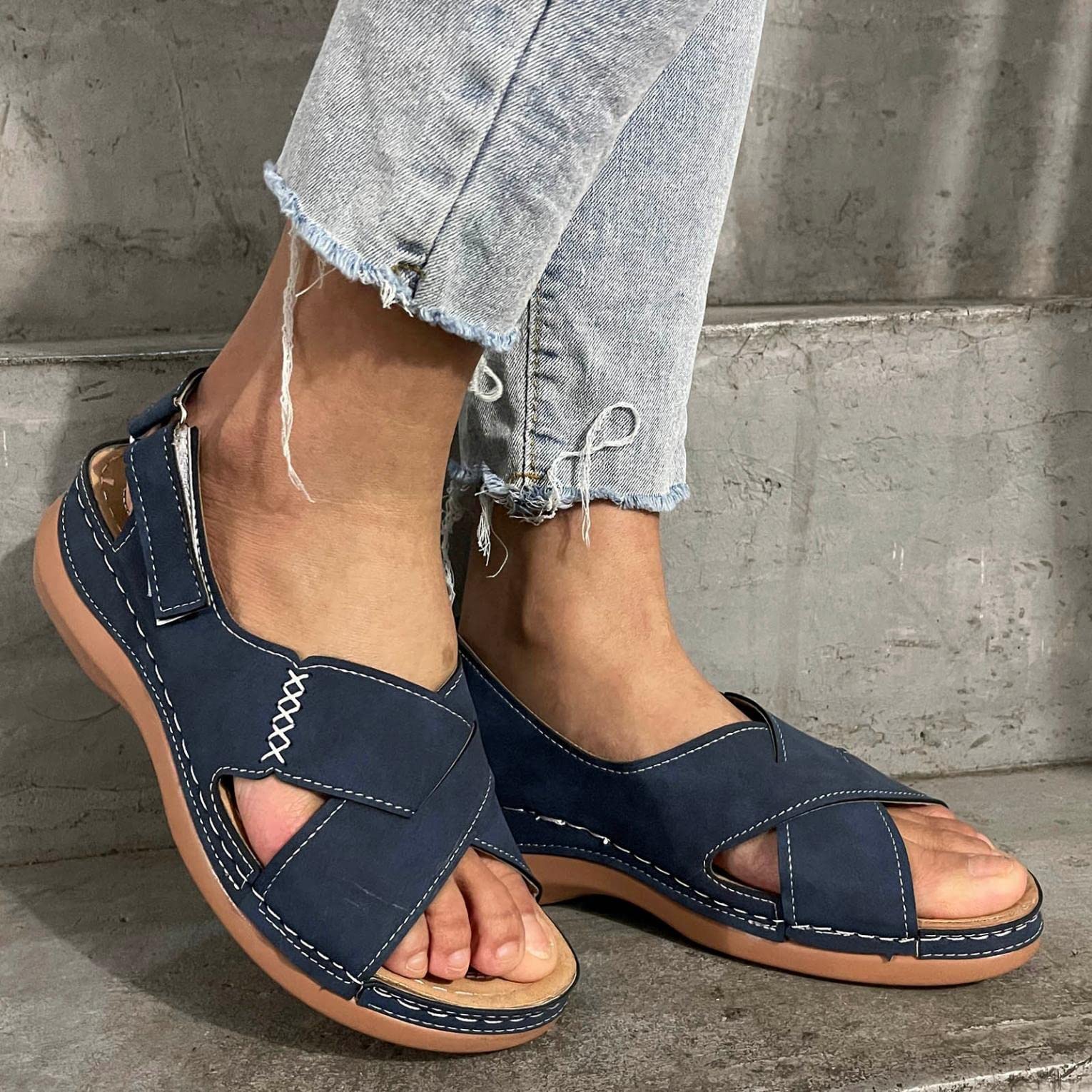 Hbeylia Women's Comfortable Leather Wedge Sandals - Cross Wide Round Toe Summer Beach Shoes with Buckle Strap | Fashion Bohemian Platform Slingback Dress Sandals for Casual Wear, Outdoor, Beach Vacation & Party Occasions