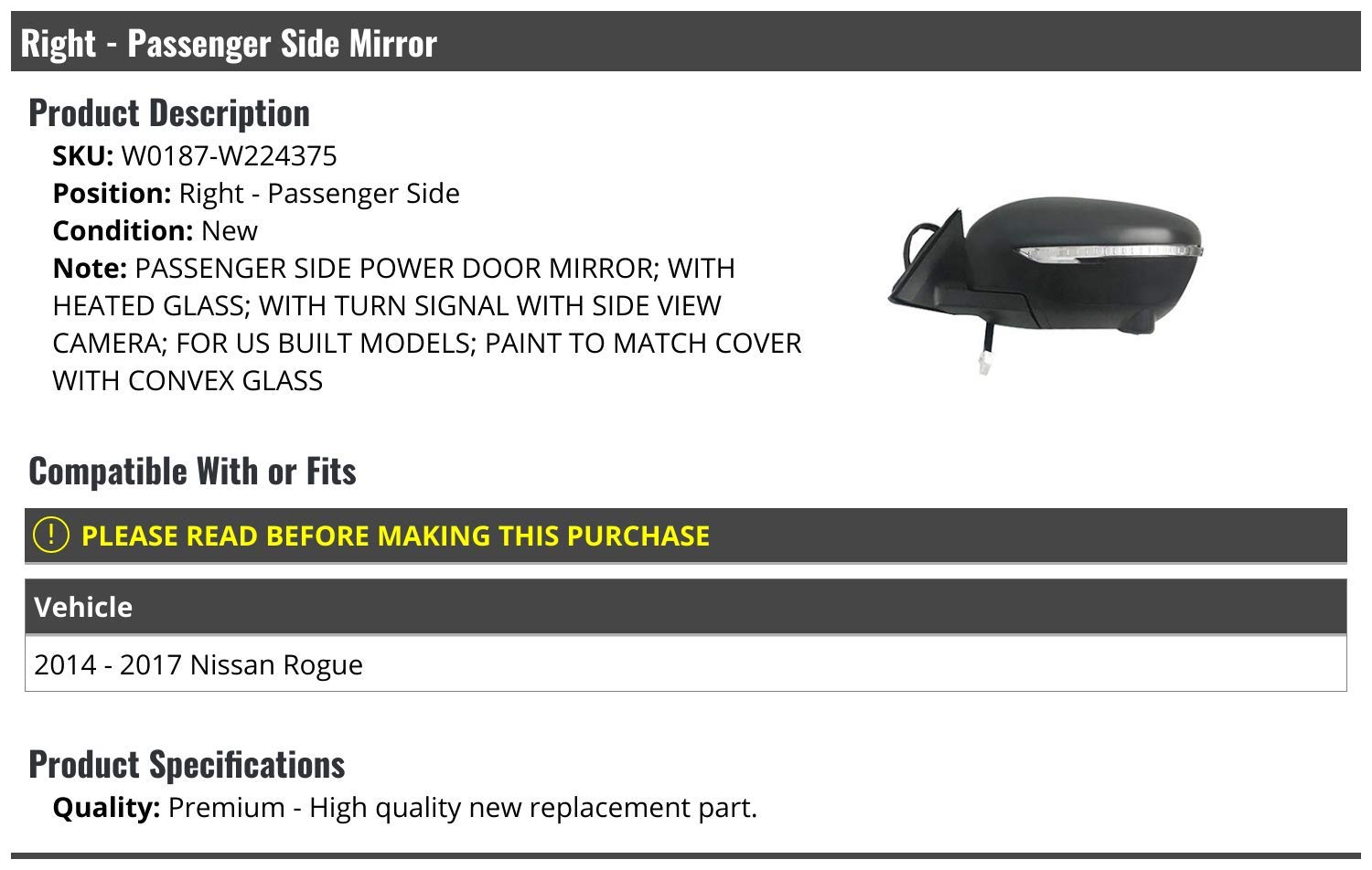 2014-2017 Nissan Rogue Right Passenger Side Power Mirror - Heated, Convex Glass with Turn Signal & Camera Compatibility (US Models) | Perfect for Winter Driving & Enhanced Safety