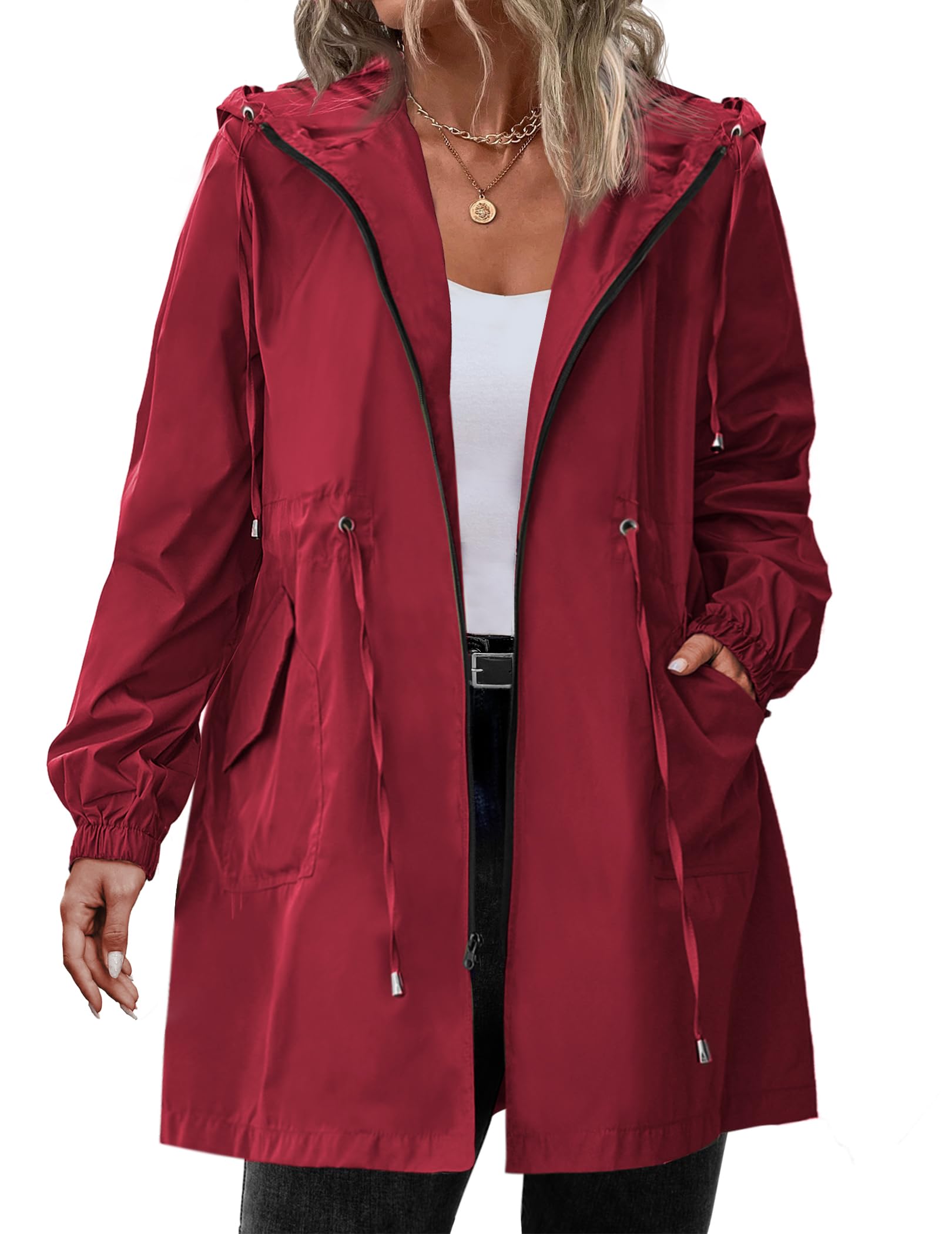 IN'VOLAND Women's Waterproof Rain Jacket - Plus Size Long Hooded Windbreaker with Pockets | Lightweight Raincoat for Outdoor Activities, Commuting & Travel