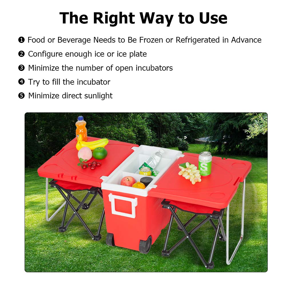 Portable Insulated Rolling Cooler & Picnic Table with 2 Foldable Fishing Chairs - Outdoor Camping, Beach, BBQ & Tailgating Essentials for Cold Drinks & Food Storage