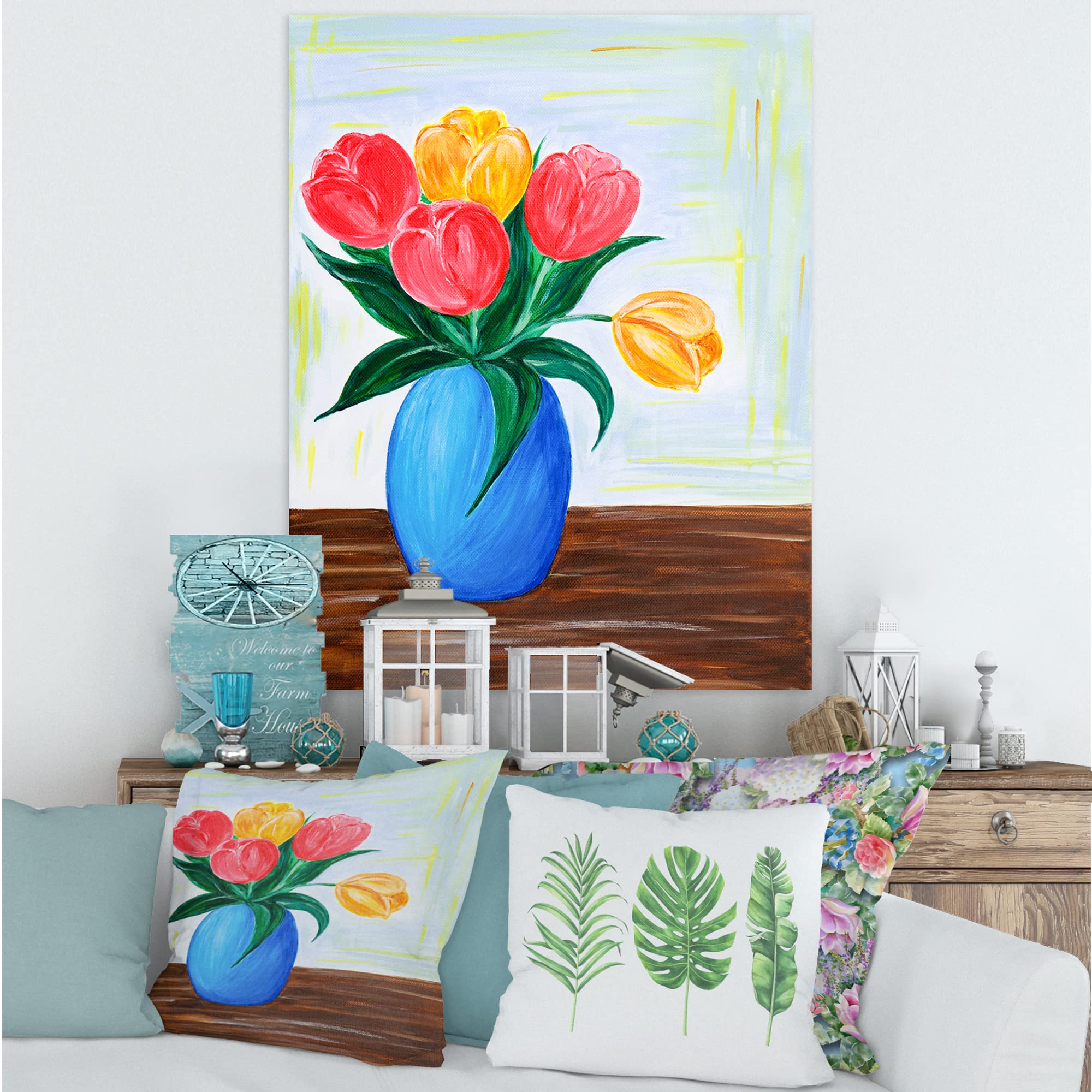 Bouquet of Red and Orange Tulips in Vase - Traditional Canvas Wall Art for Home Decor - Perfect for Living Room, Bedroom & Office Wall Decoration