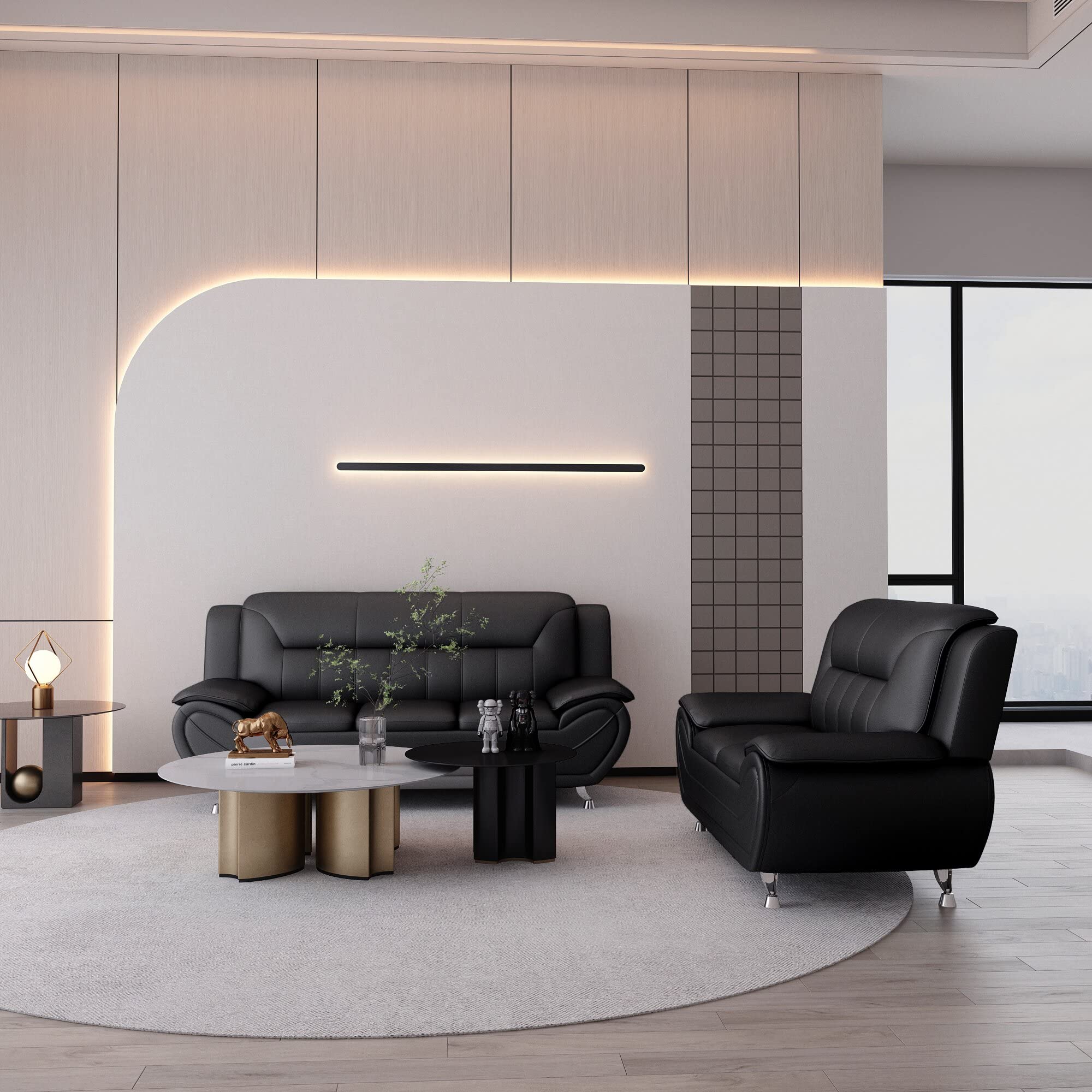 Michael Modern Faux Leather Upholstered Sofa with Stainless Steel Legs - Loveseat & Living Room Couch in Midnight Black | Perfect for Small Spaces, Apartments & Contemporary Home Decor