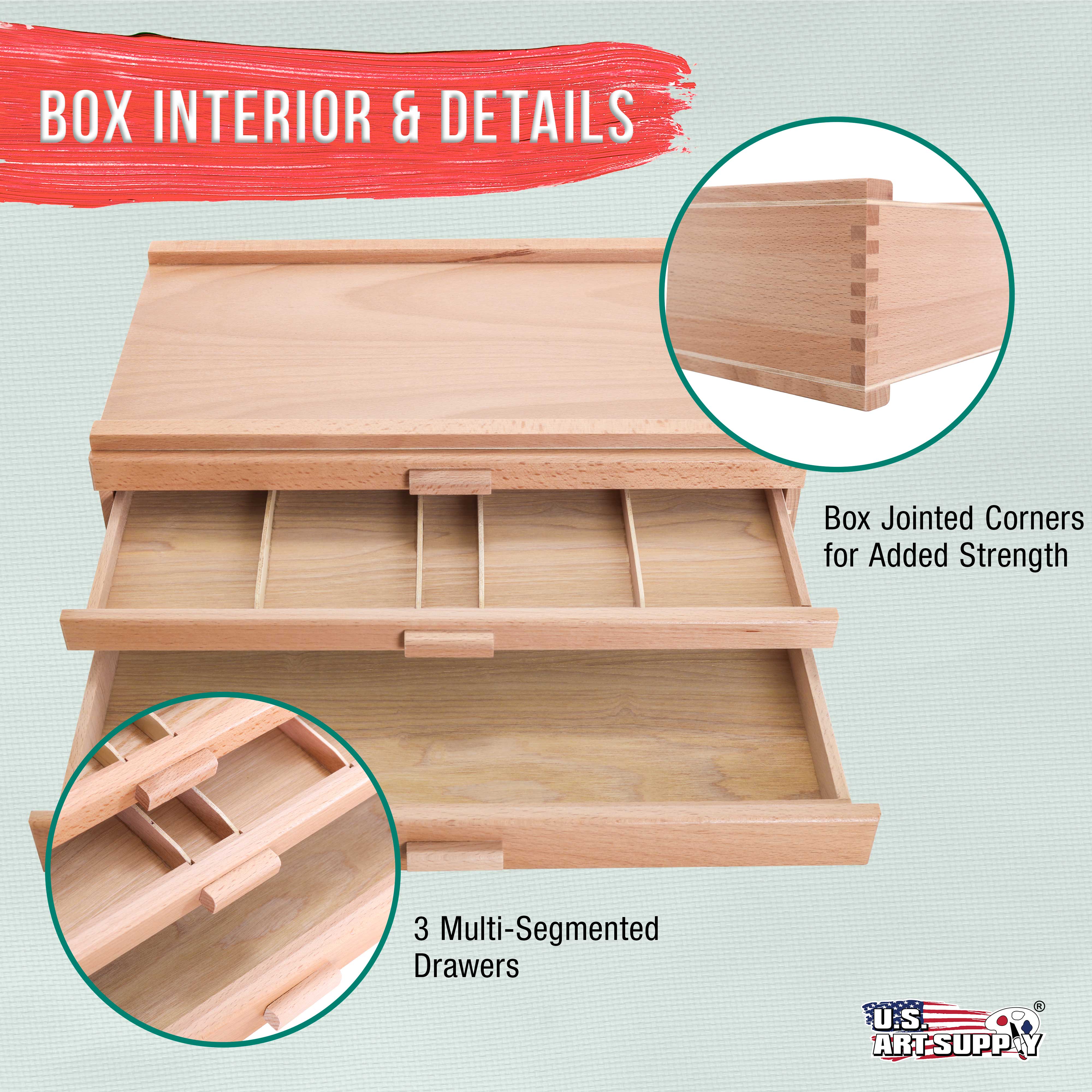 3-Drawer Artist Wood Storage Box - Elm Hardwood Construction with 5 Compartments per Drawer | Organize Pastels, Pens, Pencils, Markers, Charcoal & Blending Tools | Perfect for Art Studios, Classrooms & Home Crafting