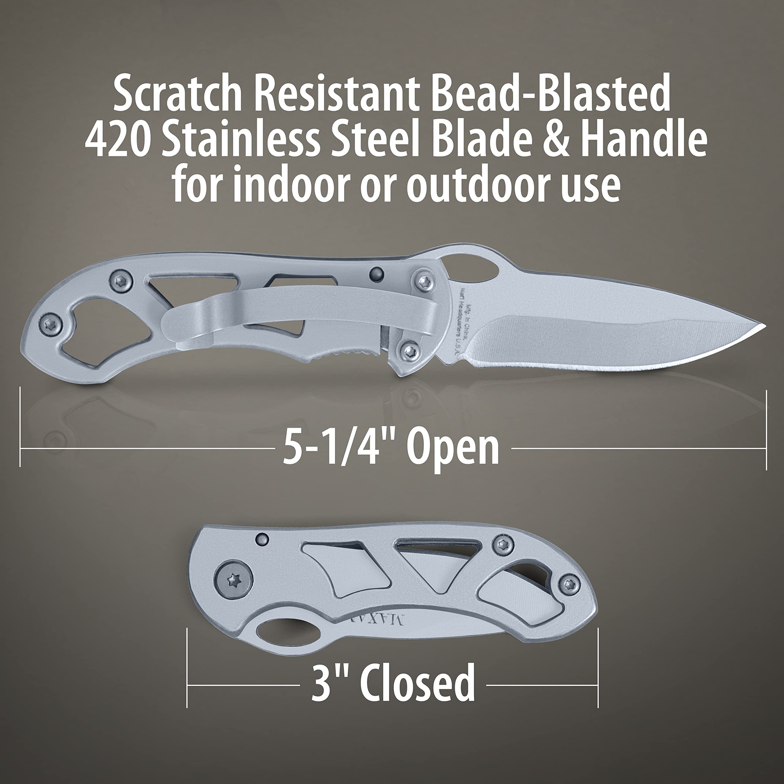Maxam Folding Pocket Knife - Stainless Steel Blade & Handle with Secure Frame Lock - Compact Tactical EDC Knife with Clip for Camping, Hiking & Everyday Carry