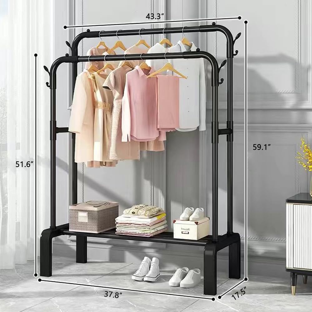Double Rod Garment Rack with 4 Hooks - Heavy Duty Clothes Hanging Organizer for Coats, Shirts, Skirts & Sweaters | Space Saving Bedroom & Closet Storage Solution | Perfect for Small Spaces, Dorm Rooms & Laundry Areas